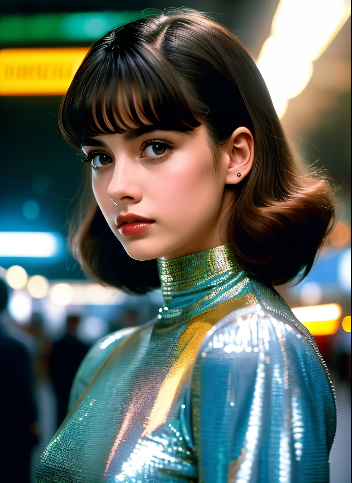 1girl, rosto detalhado, triste, holograma, vestido dourado, coreana, estilo blade runner, 1984 dvd filme, cabelo rosa, cidade cyberpunk, futurista, led, vestido latex, 1984, ( obra de arte,realista, photorealista), (melhor qualidade), realista, cabelo longo.