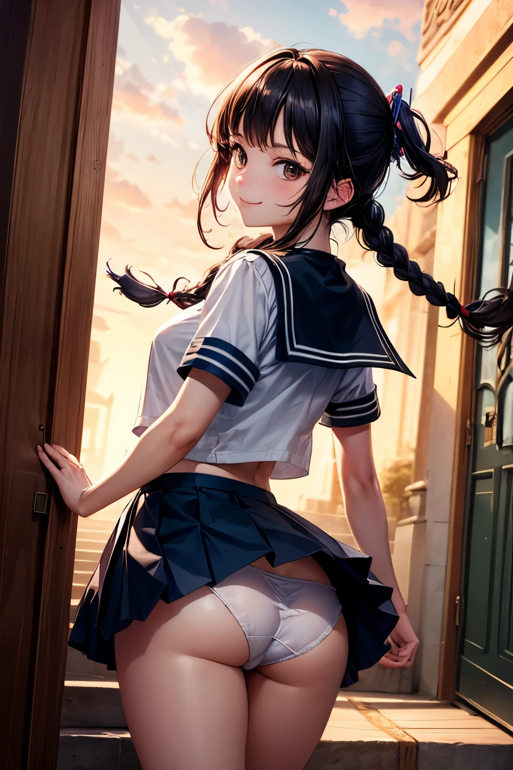 very cute and beautiful girl,(highly detailed beautiful face), (smile),serafuku,navy blue pleated mini skirt, (looking back,from behind),leaning forward,from below,white panties, european antique hotel,corridor,wooden stairs, black hair,twin braid,looking at viewer, (best quality,masterpiece:1.2),absurdres,highres,ultra-detailed,extremely detailed,32k,8k resolution, intricate details,cinematic scene,detailed background,solo,dynamic angle, hair fluttering in the wind,beautiful detailed sky,