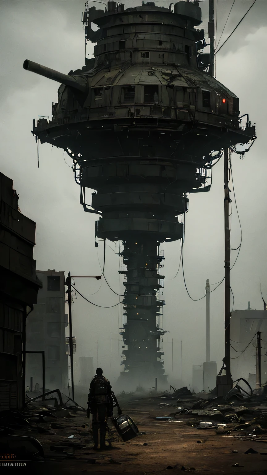 ((dark tentacle in biopunk style)), ((Post-apocalyptic art)), lonely radio station, massive array satellite dish, (cold light), wasteland, black oil liquids, Dark Fantasy environment, Dark Fantasy, very detailed art, very detailed background
