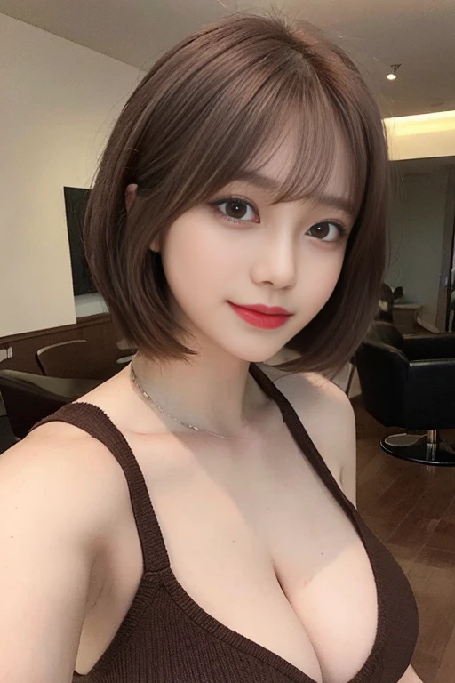 (top quality, 8k, masterpiece:1.3)), detailed Woman:1.3, ( Brown bob short hair:1.4), (Natural bangs:1.2), Beautiful big breasts:1.2), Tight knitting:1.1, Ultra detailed, detailed, eyelid