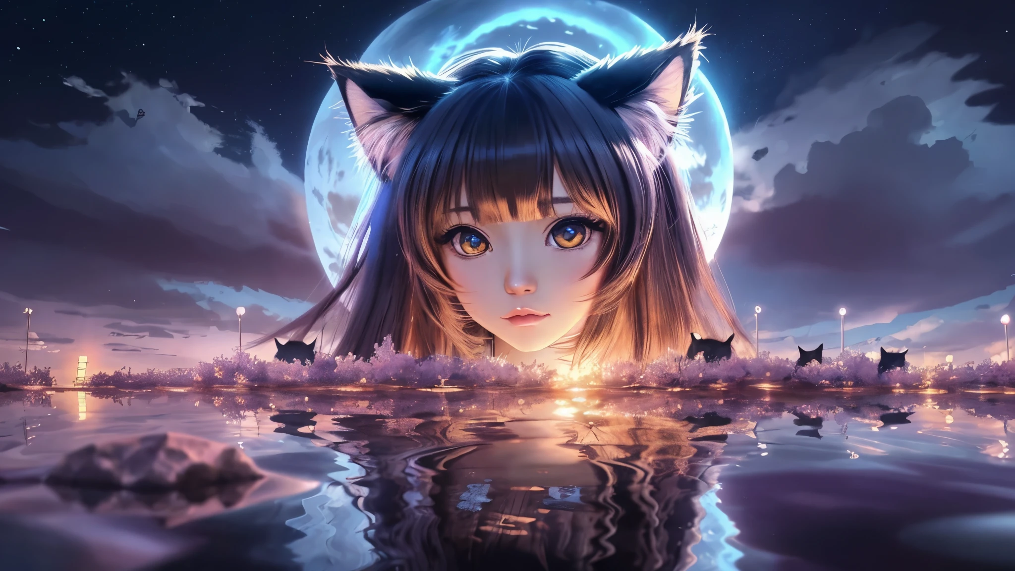 A girl with cat ears and a cat face is reflected on the water surface, anime style 4 k, anime art wallpaper 4k, anime art wallpaper 4k, anime art wallpaper 8k, beautiful anime cat girl, anime cat girl, 4k anime wallpaper, anime wallpaper 4k, anime wallpaper 4k, anime girl with cat ears, anime style. 8K
