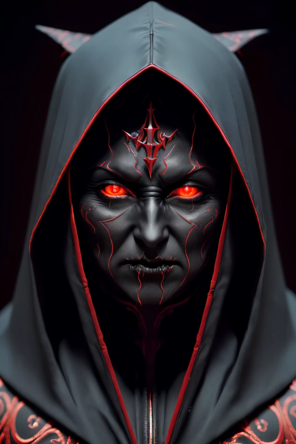 Photo of a terrifying devil nun, ((Dark environment: black and red hues)), ((Detailed costume: 1.2)), ((Hooded habit with intricate designs and pointy hat)), ((Frightening face: 1.2)), ((Detailed facial features: sharp and pointed nose, glowing red eyes, and wrinkled skin)), ((Spooky lighting: dim and shadowy areas with distinct highlights)), ((Best Quality: 8K, Wallpaper, Cinematic, High Dynamic Range)), ((Captured with a Canon EOS R6, 70-200mm Lens, F/2.2, nffsw)), ((Scary and Suspense