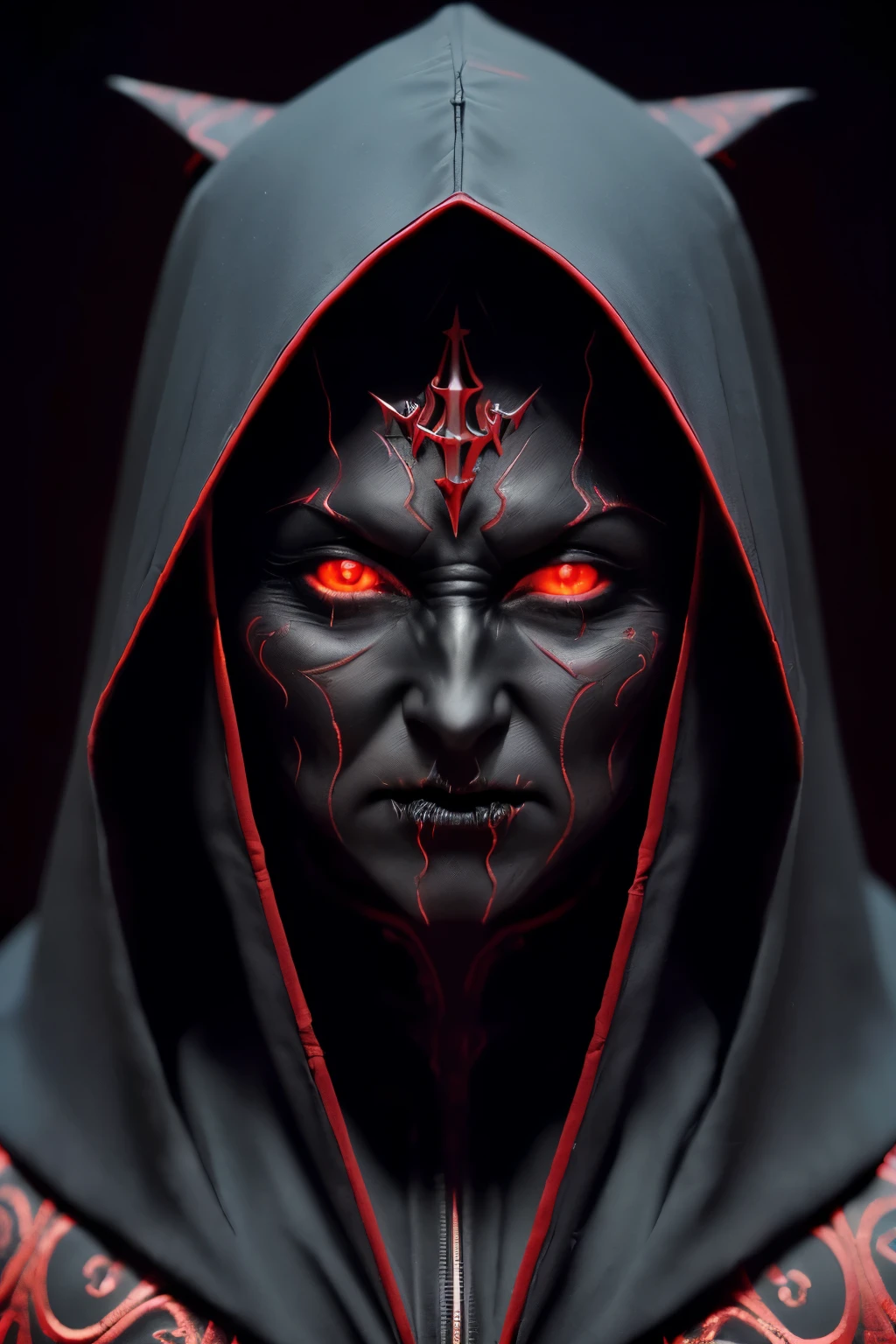 Photo of a terrifying devil nun, ((Dark environment: black and red hues)), ((Detailed costume: 1.2)), ((Hooded habit with intricate designs and pointy hat)), ((Frightening face: 1.2)), ((Detailed facial features: sharp and pointed nose, glowing red eyes, and wrinkled skin)), ((Spooky lighting: dim and shadowy areas with distinct highlights)), ((Best Quality: 8K, Wallpaper, Cinematic, High Dynamic Range)), ((Captured with a Canon EOS R6, 70-200mm Lens, F/2.2, nffsw)), ((Scary and Suspense