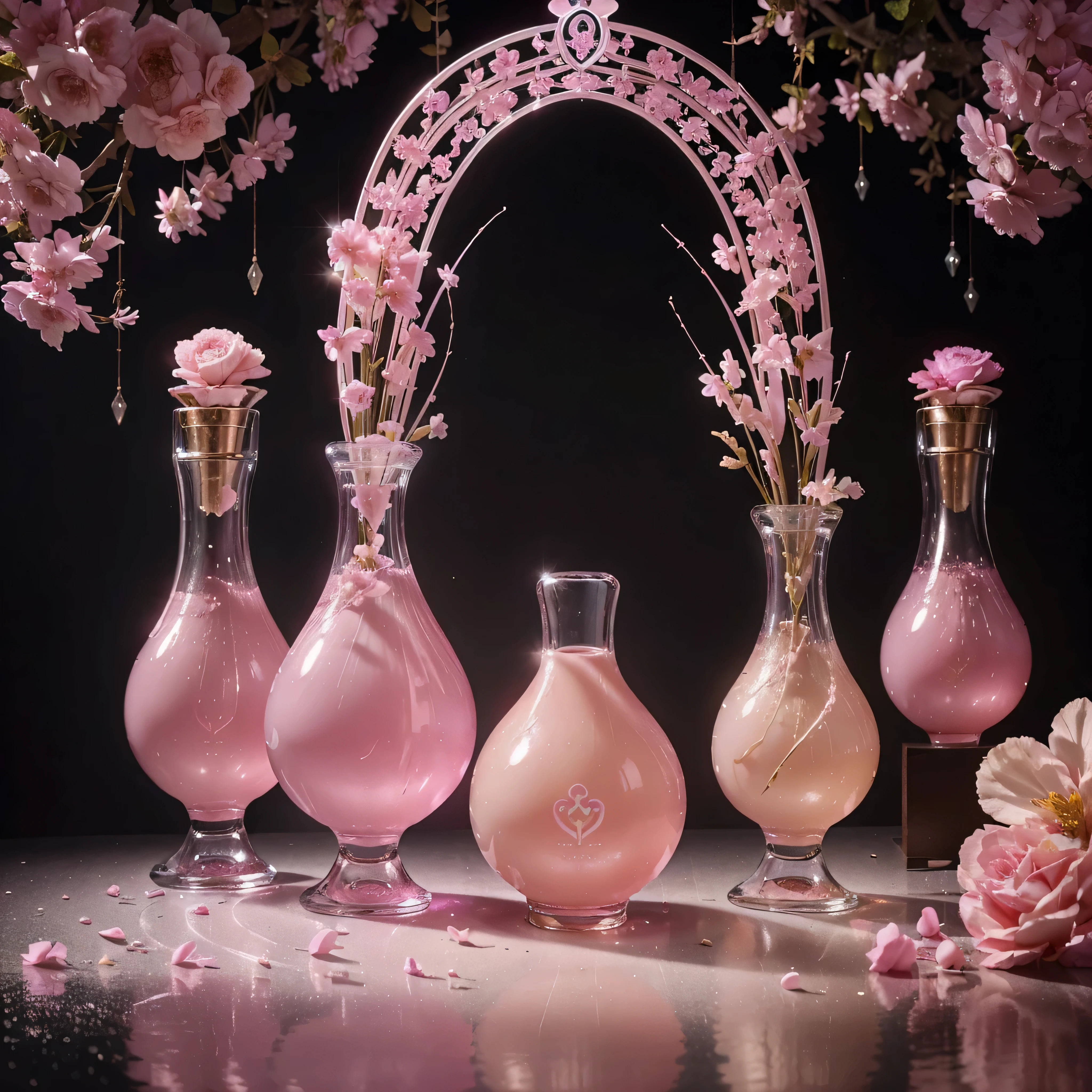 Potion of Eternal Youth: "Create a Potion of Glowing, pearlescent pink and soft pink liquid, in an elegant pink bottle with flowers of eternal youth.. The background is bright, ageless utopia, reflecting the gift of the potion of eternal youth and beauty."