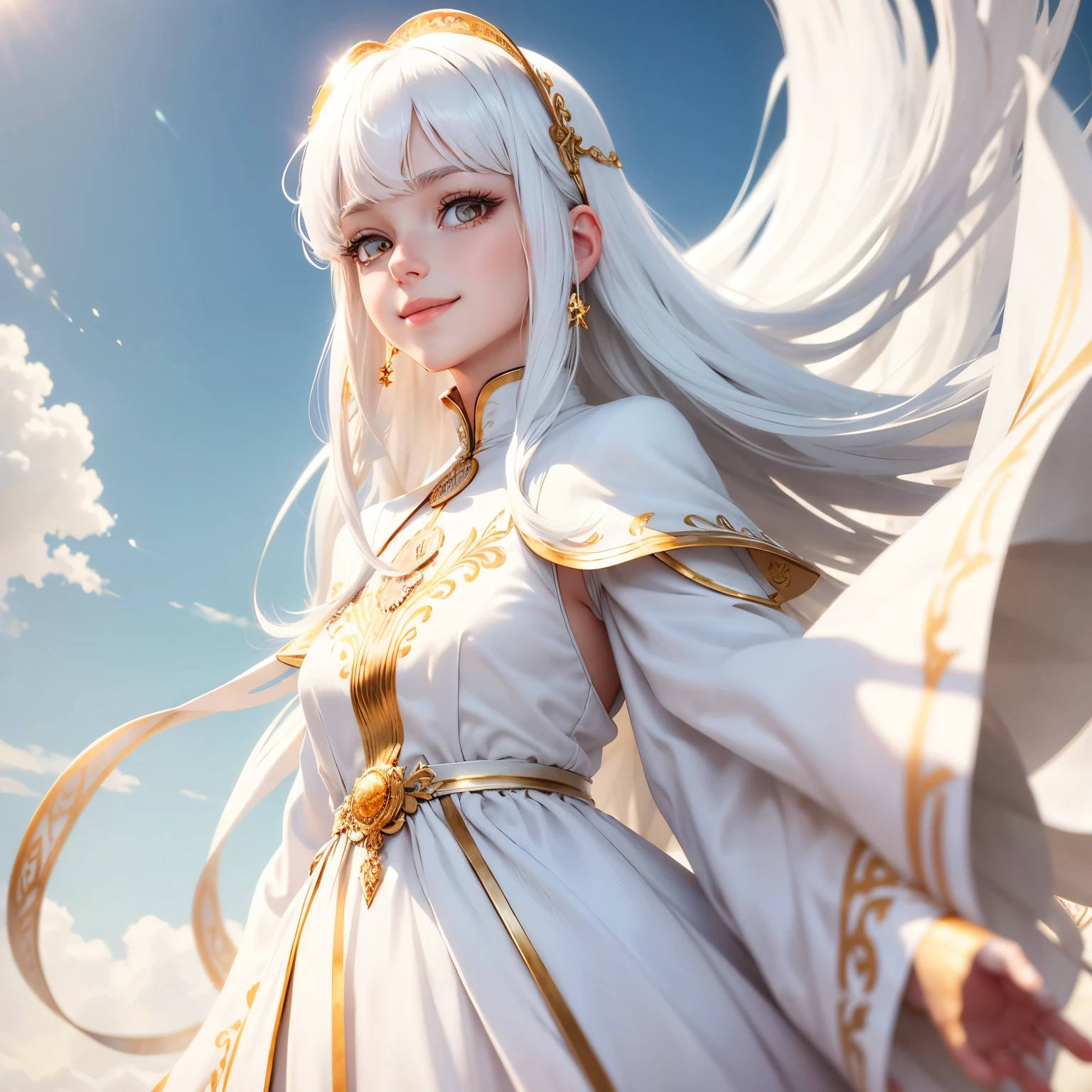 1girll,10years old,Juvenile face,Super detailed face,8k wallpaper,tmasterpiece,超高分辨率,Huge file,long white hair,Wearing a phoenix crown on his head,Wear a white suit,semi transparent,There is cleavage,super high image quality。