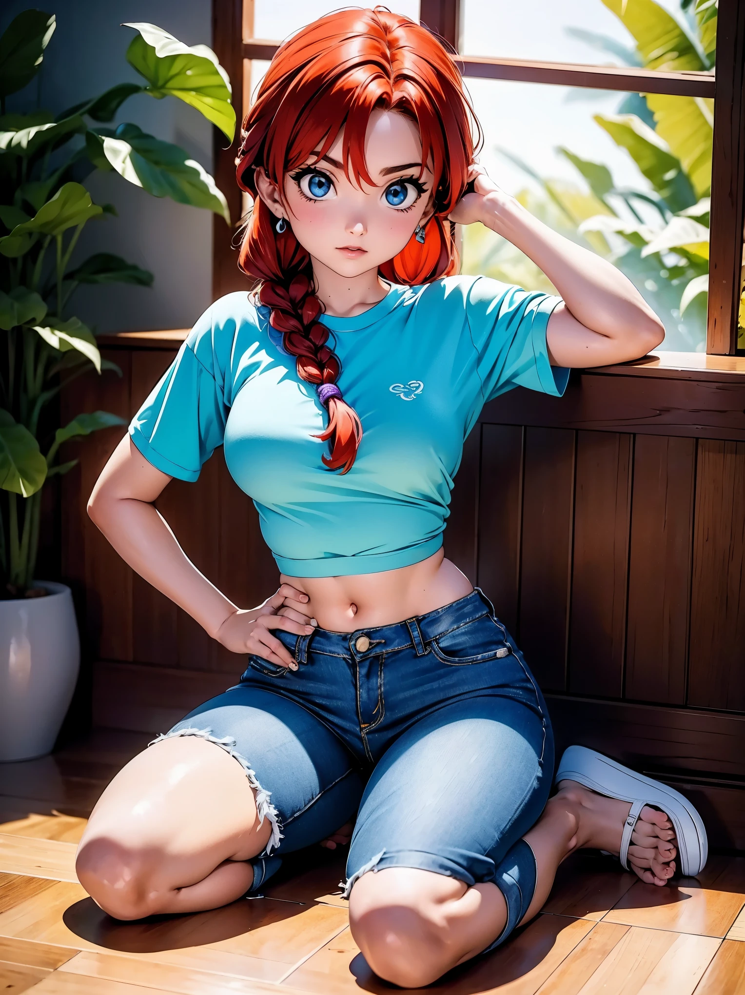 Garota anime ruiva com bermuda jeans azul e blusa purple roxa, 16 anos, agachada, sentada com pernas cruzadas, corpo bonito, seios grandes, with your hands behind your head, running your hands through your hair, garota sexy, red hair with braid, gorgeous lighting, sombras suaves, olhos azuis, pernas bonitas, hair with braid, estilo anime, Ranma Chan, Autora Rumiko Takahashi, Baseado em obra de Rumiko Takahashi, Anime Ranma 1/ 2, decote sexy, quadril robusto, corpo inteiro, corpo completo, busto grande, garota jovem com corpo belo e bonito, sandals on the feet, garota 16 anos jovem baixa estatura, vestindo bermuda jeans azul e blusa purple roxa linda, garota anime, estilo anime, beautiful feet in sandals, sitting on the floor, viewing angle 45°