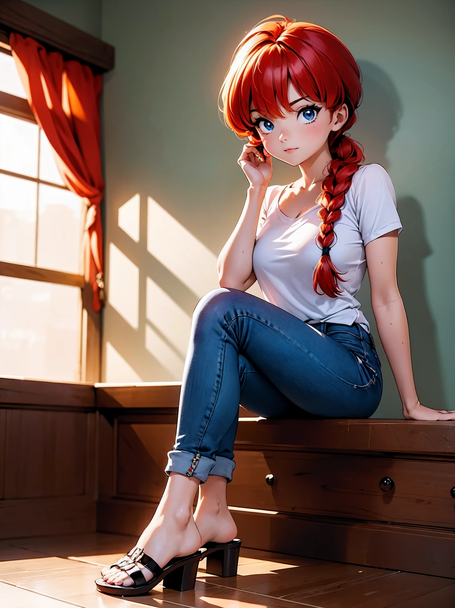Garota anime ruiva com bermuda jeans azul e blusa purple roxa, , agachada, sentada com pernas cruzadas, corpo bonito, seios grandes, with your hands behind your head, running your hands through your hair, garota sexy, rair with braid, gorgeous lighting, sombras suaves, olhos azuis, pernas bonitas, hair with braid, estilo anime, Ranma Chan, Autora Rumiko Takahashi, Baseado em obra de Rumiko Takahashi, Anime Ranma 1/ 2, decote sexy, quadrobusto, corpo inteiro, corpo completo, busto grande, garota jovem com corpo belo e bonito, sandals on the feet, garota 16 anos jovem btatura, vestindo bermuda jeans azul e blusa purple roxa linda, garota anime, estilo anime, beautiful feet in sandals, sitting on the floor, viewing angle 45°