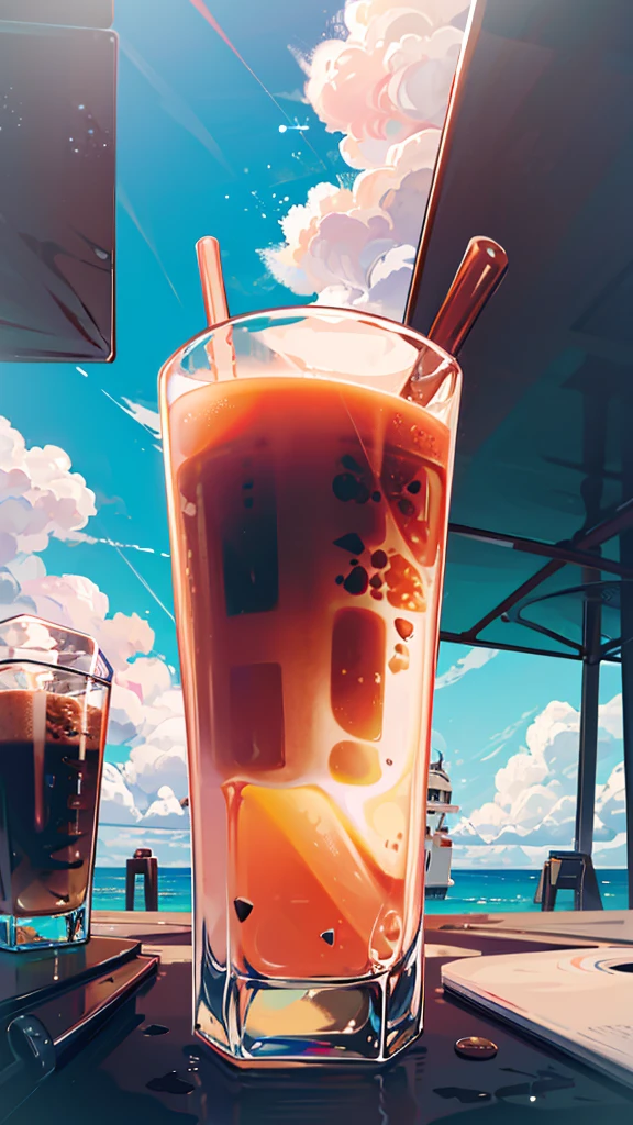 unmanned, Iced Latte, coffee and milk, milk coffee, cool, ice cubes, Jasmine, outdoor, clear blue sky, beautiful clouds