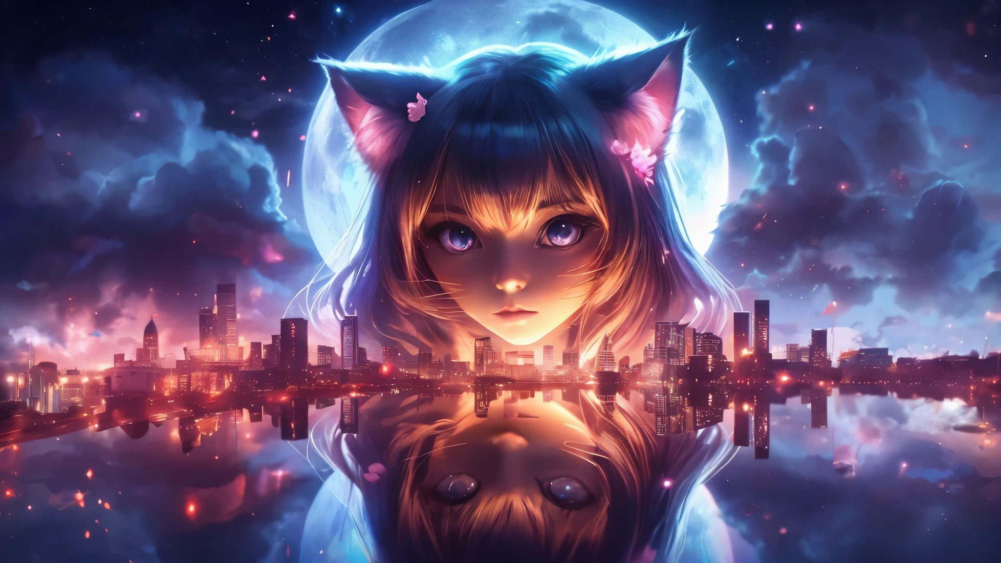 A girl with cat ears and a cat face is reflected on the water surface, anime style 4 k, anime art wallpaper 4k, anime art wallpaper 4k, anime art wallpaper 8k, beautiful anime cat girl, anime cat girl, 4k anime wallpaper, anime wallpaper 4k, anime wallpaper 4k, anime girl with cat ears, anime style. 8K