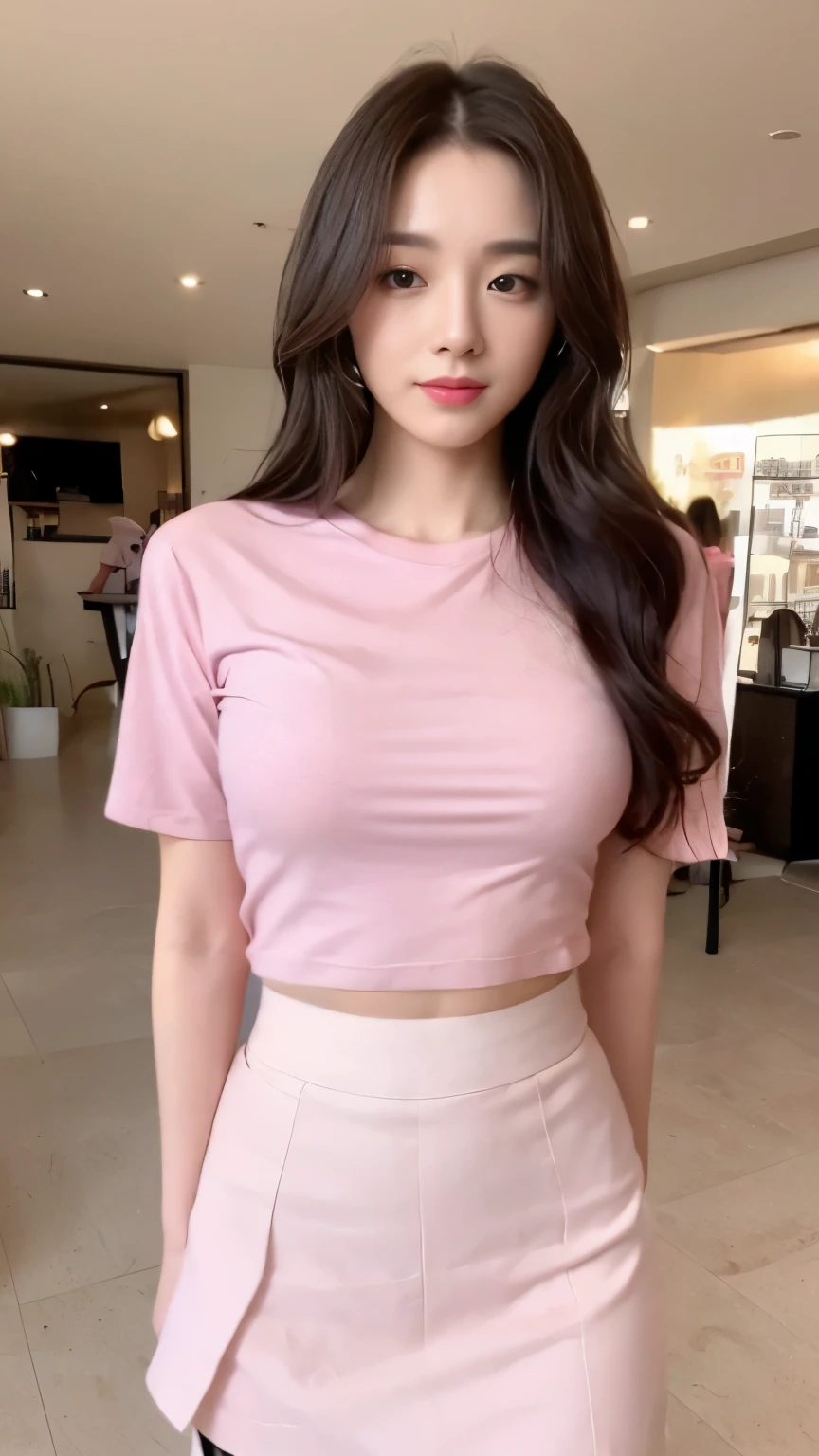 ((top-quality、8k、masterpiece:1.3))、Beautiful woman with perfect body:1.4、slim abdomen:1.2、Longhair, normal breast, Highly detailed facial and skin texture, A detailed eye, delicate eyes, double eyelid, (smile), (full body shot), ((shopping mall)), (standing), (((wearing pink t-shirt with white skirt 1.1))), looking in front