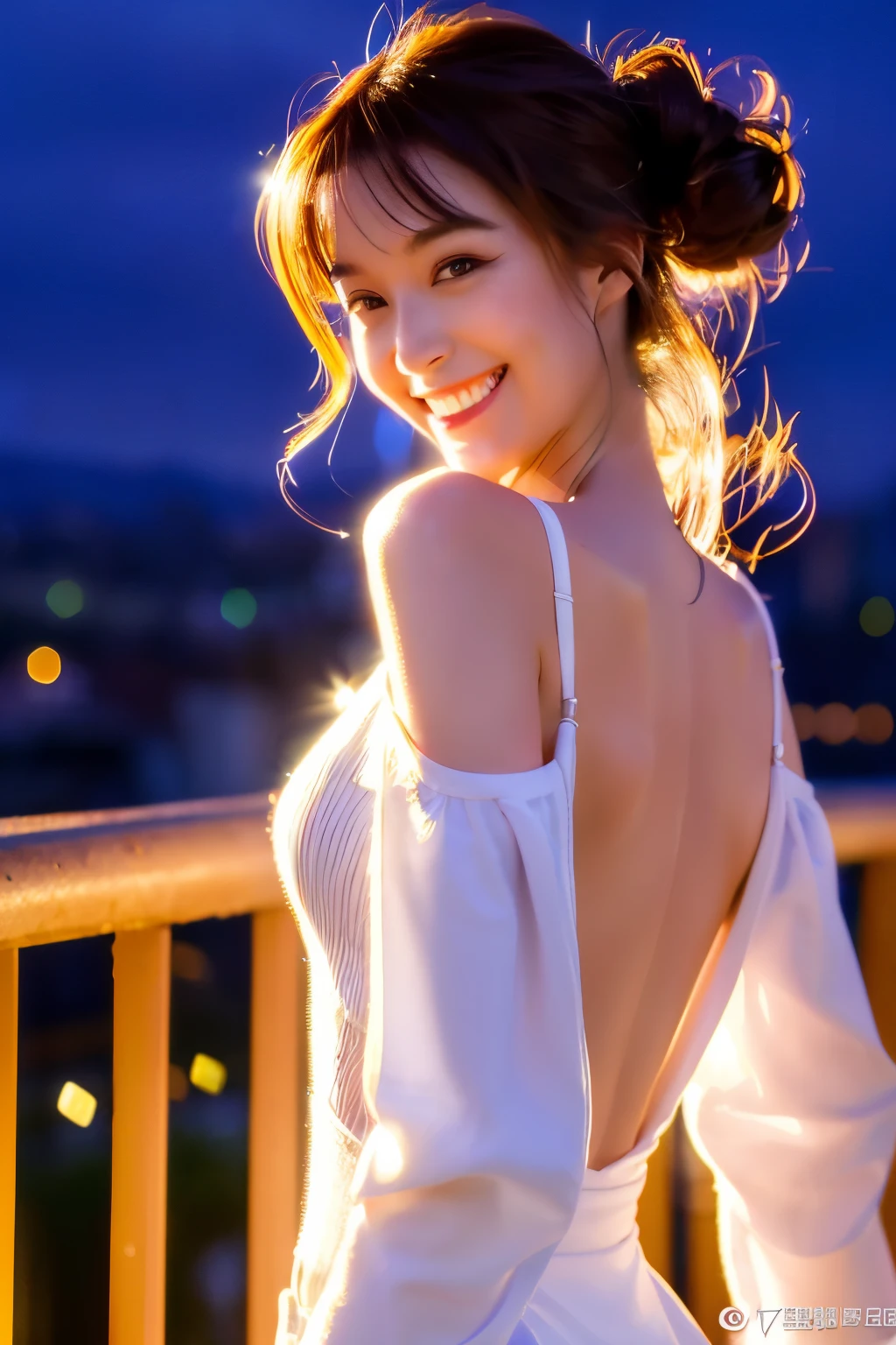 8k, masterpiece, RAW photo, best quality, photorealistic, extremely detailed CG unity 8k wallpaper, Depth of field, Cinematic Light, Lens Flare, Ray tracing, (extremely beautiful face, beautiful lips, beautiful eyes), intricate detail face, ((ultra detailed skin)) 1girl, in the dark, deep shadow, pretty girl, (very slim slender fit-muscled body:1.3), ((looking at viewer)),(big smile:1.3), clear eyes, front shot, (pale skin), (big eyes), face forward, (brown hairs), (looking at viewer:1.3), (very slim), medium breasts, red laced gown, see through gown, cityscape, rooftop , dim lights, blurry background, big windows, (night)), (open breasts), veranda, sparkling dress, see through dress