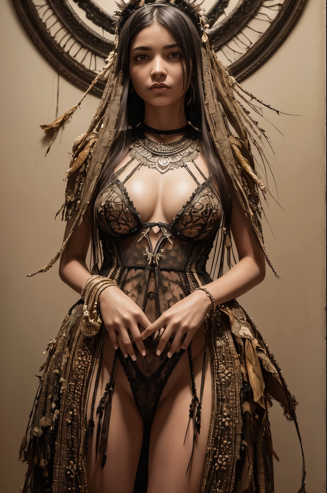 by Felicia Simion, The young maize goddess, Xilonen, is adorned with corn husks, embodying the youthful and abundant nature of maize as a symbol of sustenance and fertility,, (magnificent background, full of details:1.2), (inferno, cyberspace:1.2), Retro-Cyber Gothic, combining retro aesthetics, cyberpunk elements, and gothic atmosphere, a dark yet nostalgic fusion, (masterpiece, intricate details:1.2), looking at viewer, dynamic pose, style of Nicola Samori