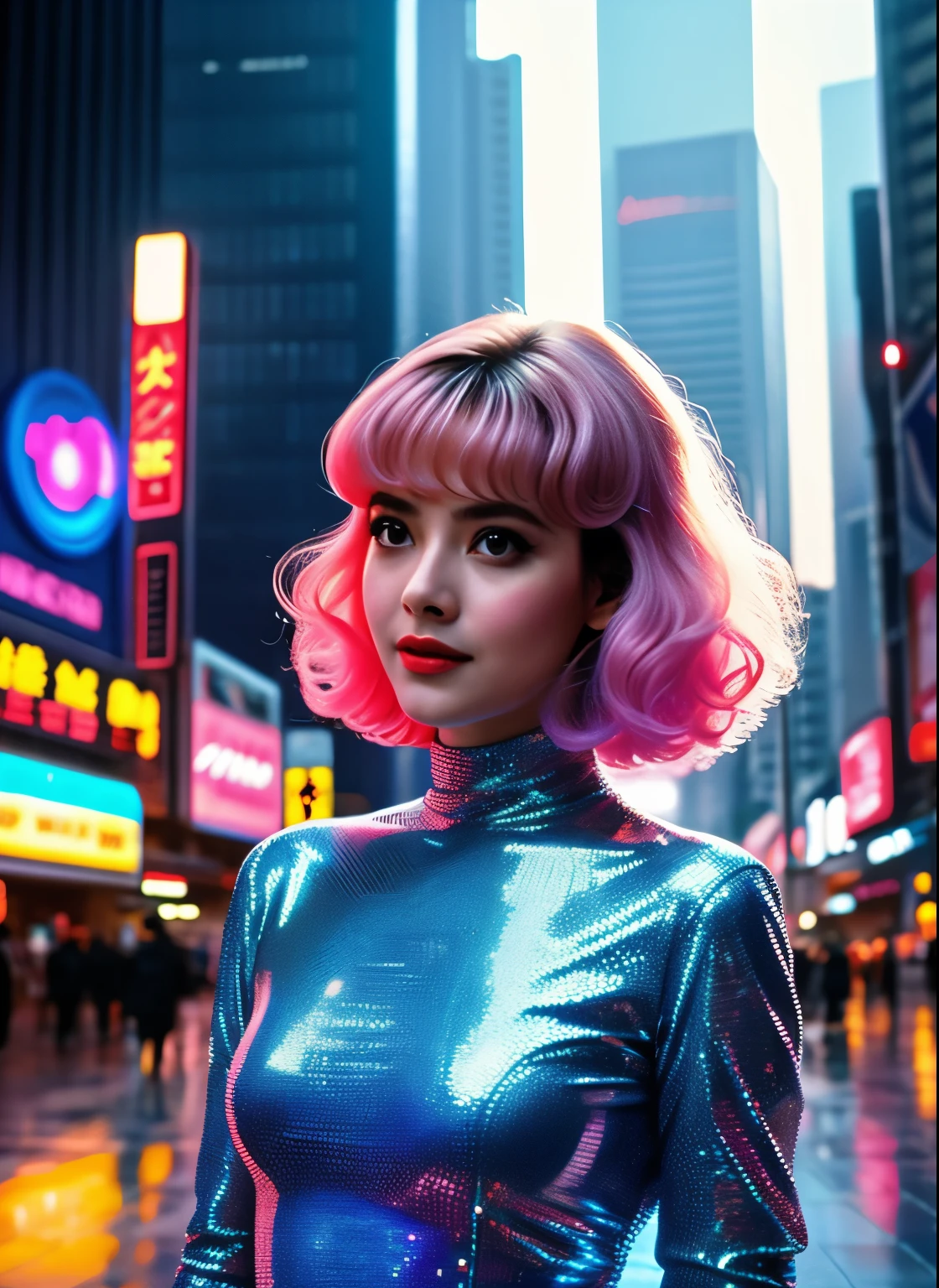 1girl, rosto detalhado, triste, holograma, vestido prateado futurista, coreana, estilo blade runner, 1984 dvd filme, cabelo rosa, cidade cyberpunk, futurista, led, vestido latex, 1984, ( obra de arte,realista, photorealista), (melhor qualidade), realista, cabelo longo.