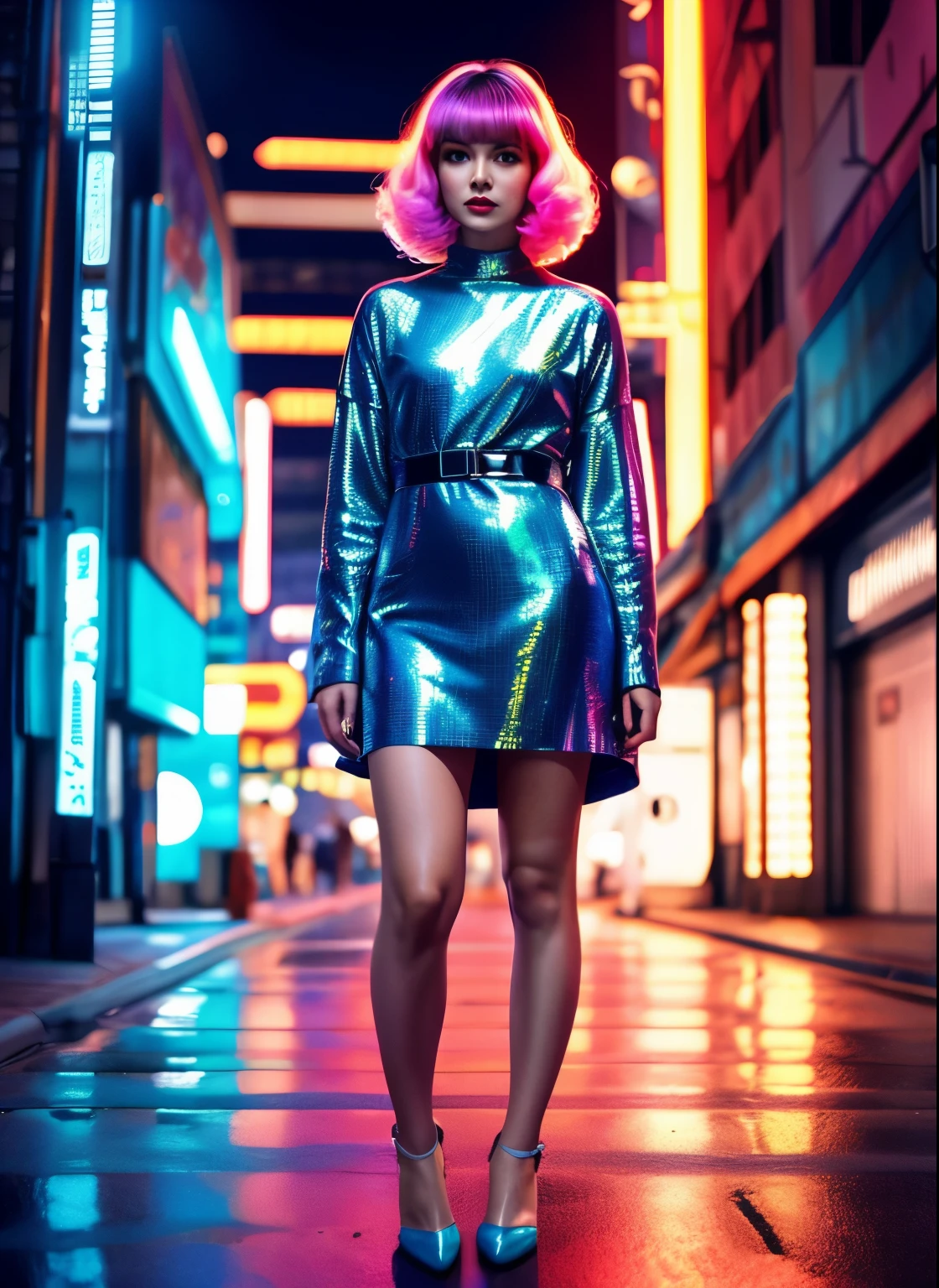 1girl, rosto detalhado, triste, holograma, vestido prateado futurista, coreana, estilo blade runner, 1984 dvd filme, cabelo rosa, cidade cyberpunk, futurista, led, vestido latex, 1984, ( obra de arte,realista, photorealista), (melhor qualidade), realista, cabelo longo.