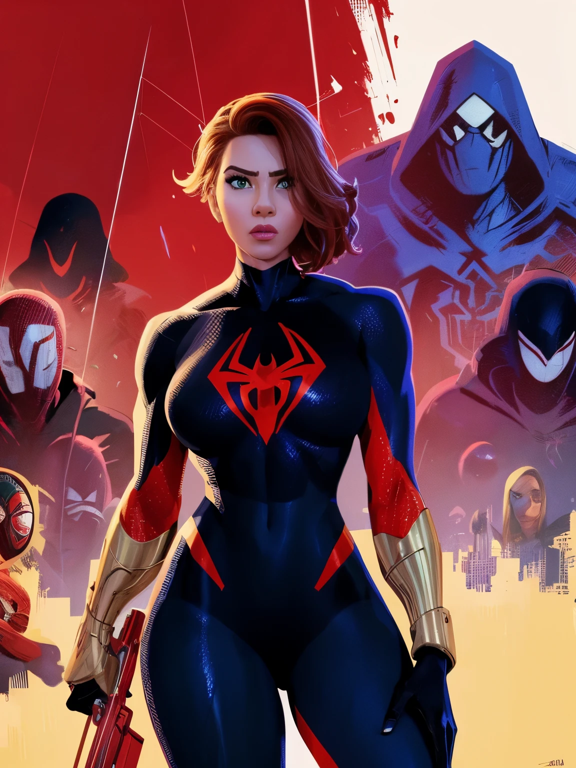 hiperrealista. Cinematic Poster. (((comiс style, arte dos desenhos animados))).  A comic book-style image of Black Widow, com ela como figura central. She's on the move. Ela usa uma roupa preta, with a red buckle on her waist and a red bracelet on her arm.  (((corpo quente, sexy, sensual, Dedos de camelo))). Ela tem curto, cabelos ruivos lisos, green eyes and red lips. She has a determined and watchful expression, como se ela estivesse pronta para combater o crime. ((( abstract comic background)))