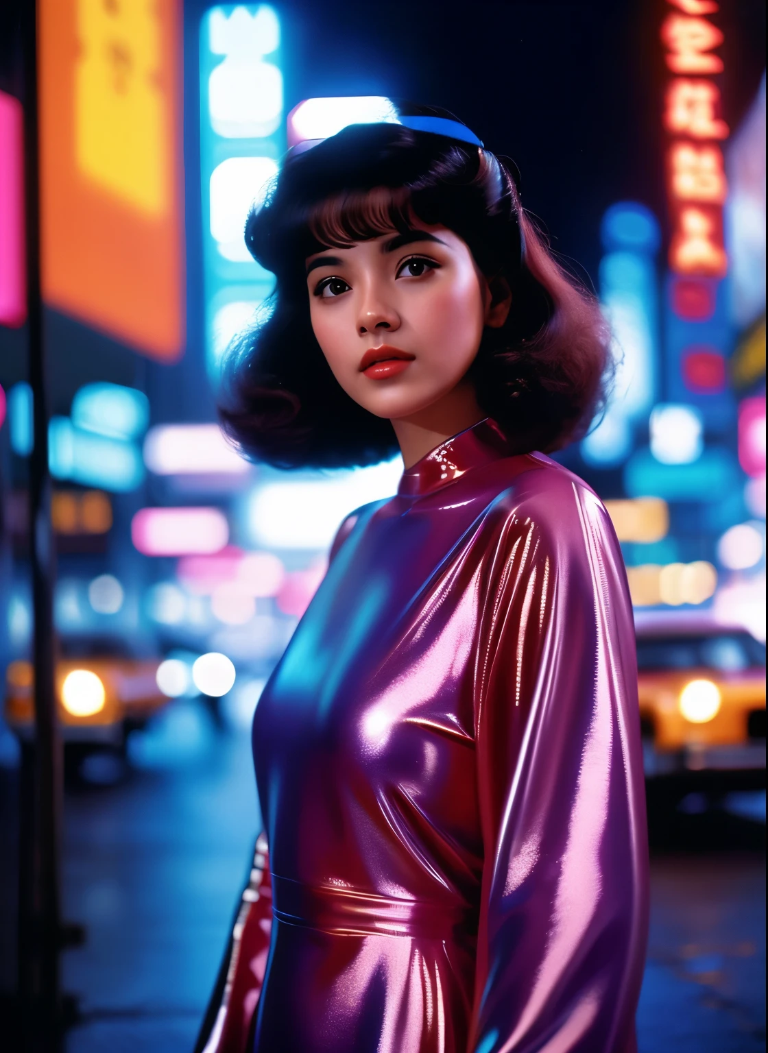 1girl, rosto detalhado, triste, holograma, vestido prateado futurista, coreana, estilo blade runner, 1984 dvd filme, cabelo rosa, cidade cyberpunk, futurista, led, vestido latex, 1984, ( obra de arte,realista, photorealista), (melhor qualidade), realista, cabelo longo.
