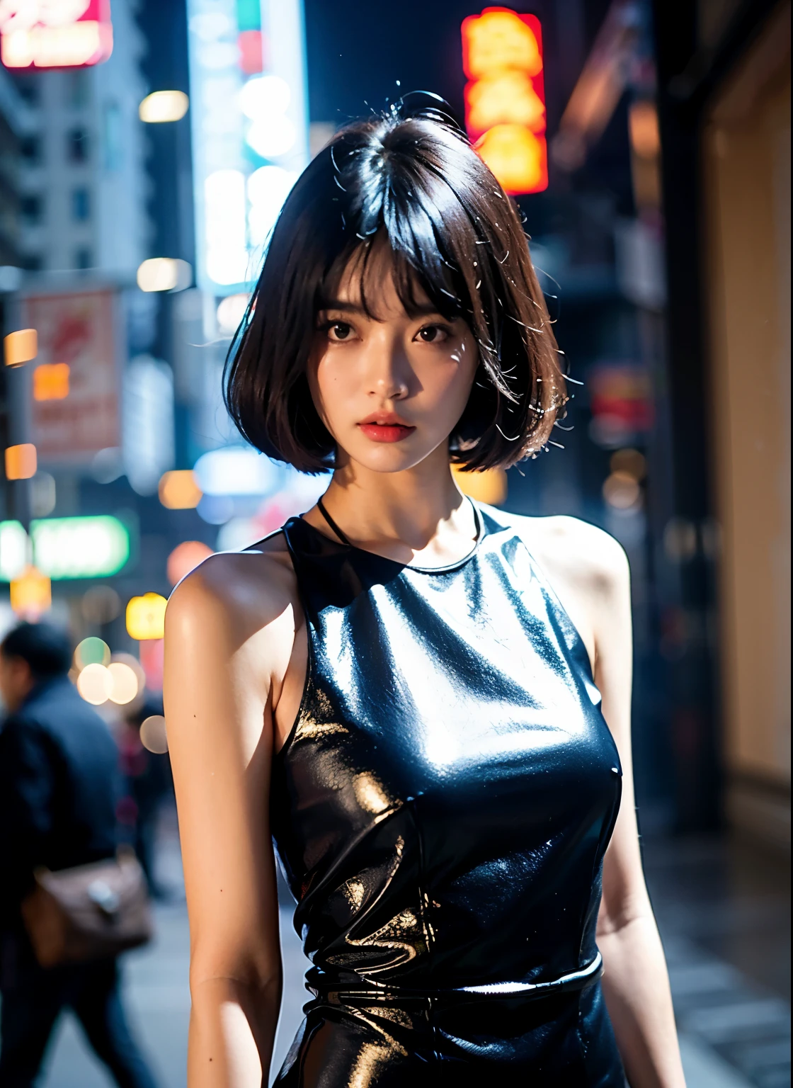 1girl, rosto detalhado, triste, holograma, vestido prateado futurista, coreana, estilo blade runner, 1984 dvd filme, cabelo rosa, cidade cyberpunk, futurista, led, vestido latex, 1984, ( obra de arte,realista, photorealista), (melhor qualidade), realista, cabelo longo.