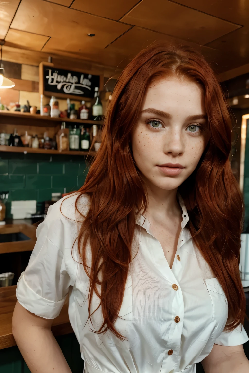 redhair girl , wave hairs , very red hair ,color hair red , color eyes green , big lips , bithmarks on face , very detiled face freckles , details on hair , standing in bar coffe ,sun day , drinking coffe , insane details, intricate details, hyperdetailed