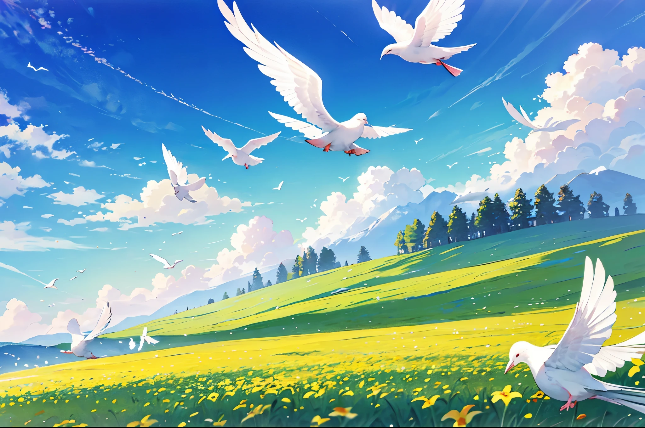 ((open vast grass field)), sunny day, flowers, beauty, (white pigeons flying in the sky), masterpiece
