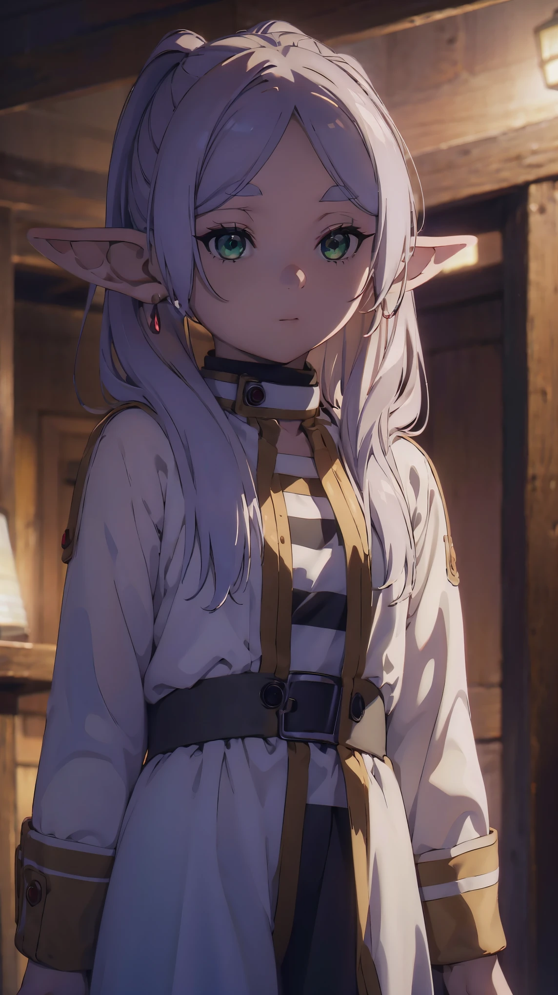 masterpiece,best quality,official art,extremely detailed CG unity 8k wallpaper, ((top quality, 8k, masterpiece: 1.3, ultra hd, high quality, best quality, high definition, realism)), sharp focus: 1.5, 1 girl, solo, (Very detailed CG unity 8K wallpaper), Cinematic Lighting, elf ear, shinning green eye.