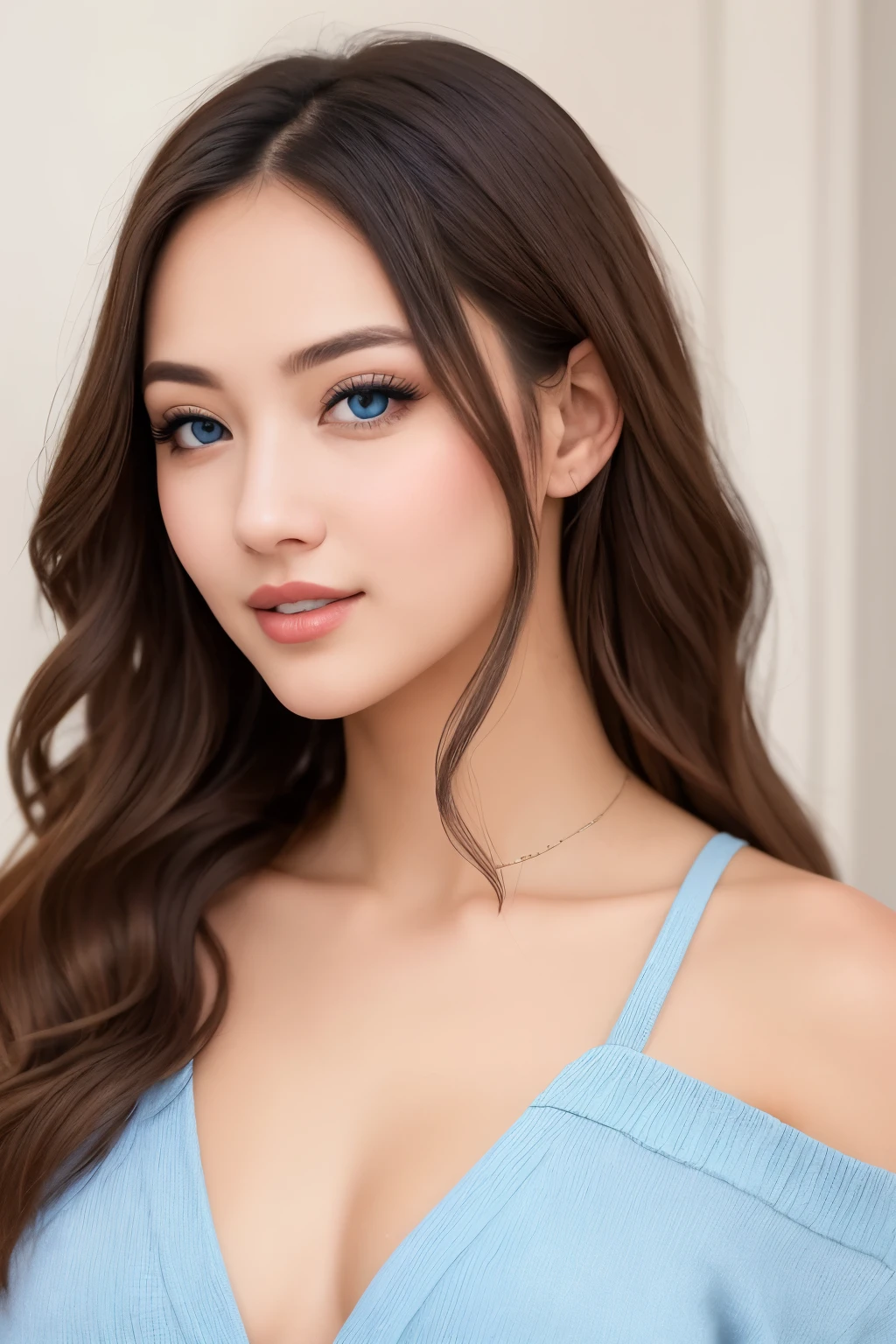 Imagine a 25-year-old girl, standing at a height of 1.60 meters, exuding an aura of confidence and serenity. Her deep blue eyes radiate with an expressive charm, catching the light in an alluring manner. Her light brown hair cascades in soft waves down to her shoulders, framing her face gracefully. Her skin has a clear tone, complementing the vibrant azure of her eyes.
Dressed casually yet stylishly, she dons clothes that accentuate her sunny disposition and youthful energy. Her attire exudes a sense of warmth and accessibility, capturing the essence of a modern and laid-back young woman