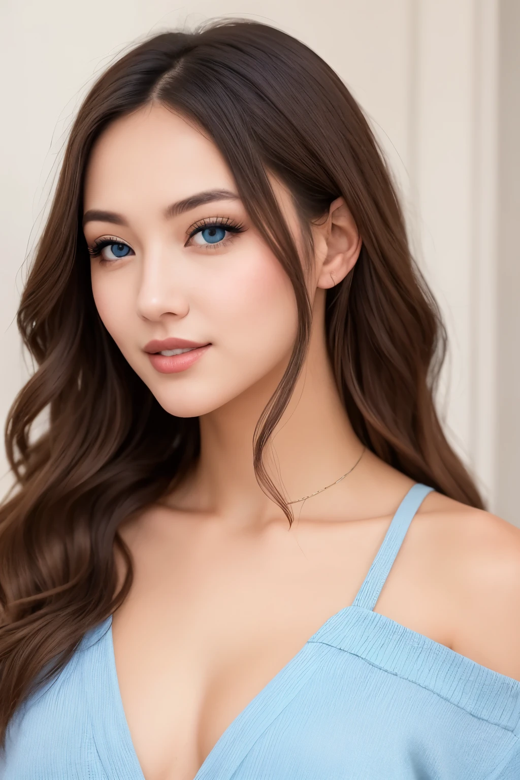 Imagine a 25-year-old girl, standing at a height of 1.60 meters, exuding an aura of confidence and serenity. Her deep blue eyes radiate with an expressive charm, catching the light in an alluring manner. Her light brown hair cascades in soft waves down to her shoulders, framing her face gracefully. Her skin has a clear tone, complementing the vibrant azure of her eyes.

Dressed casually yet stylishly, she dons clothes that accentuate her sunny disposition and youthful energy. Her attire exudes a sense of warmth and accessibility, capturing the essence of a modern and laid-back young woman