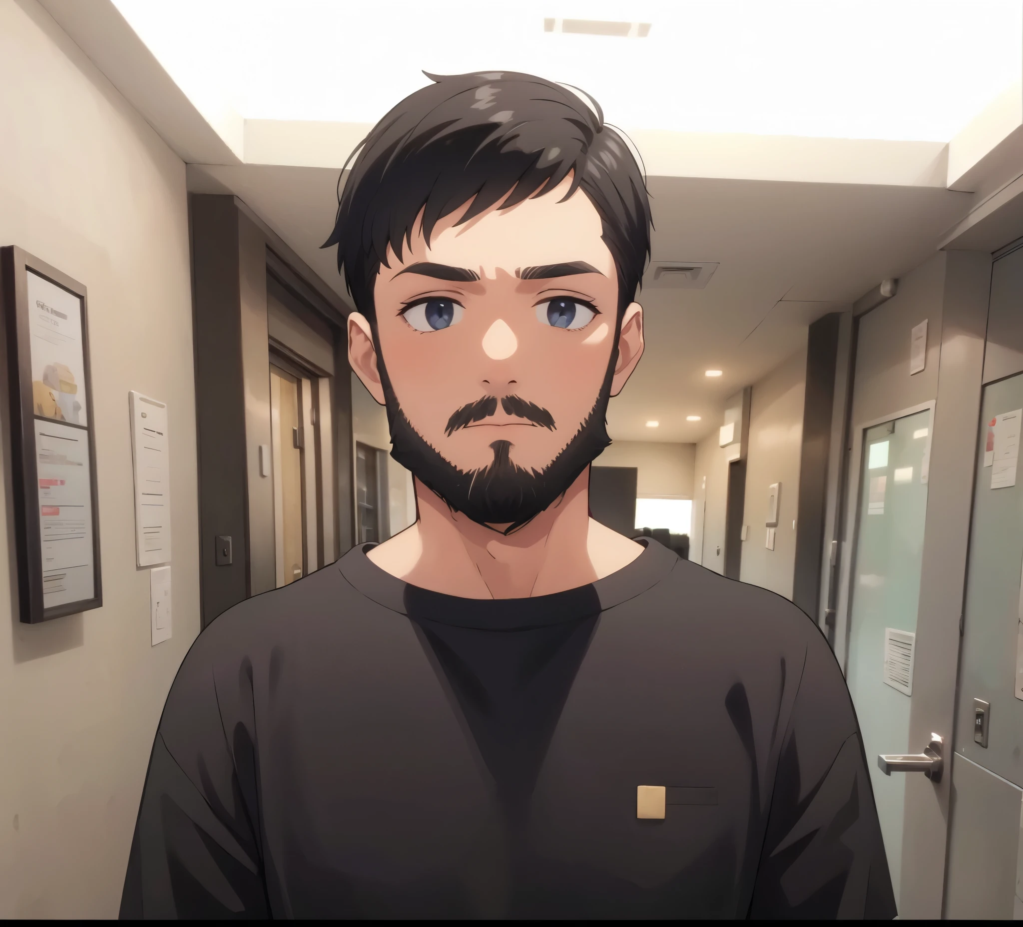 Man with black hair. Beard, and black shirt