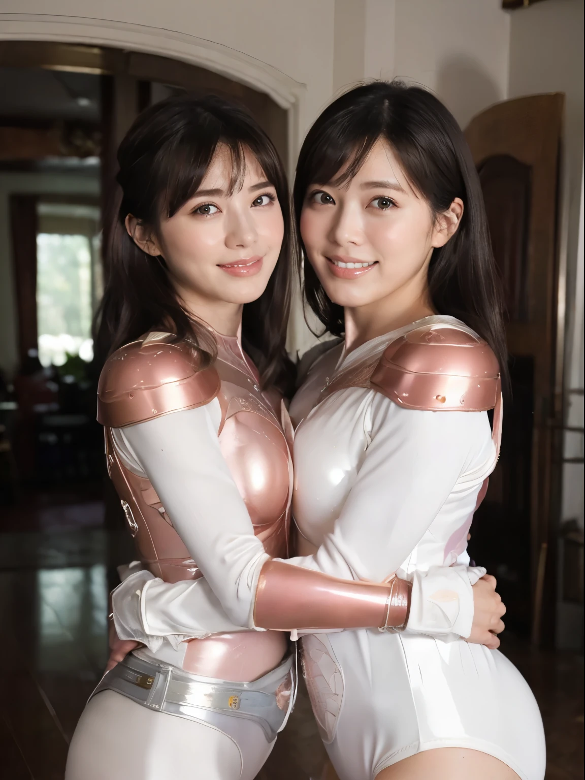 (super highest quality、8K、Masseter muscle part、delicate illustrations)、(one woman:1.3、Light pink and white shiny body-hugging hero suit:1.3、Very plump body 1.3、Super Big 1.3、shoulder armor:1.3）、smile at the viewer、black hair