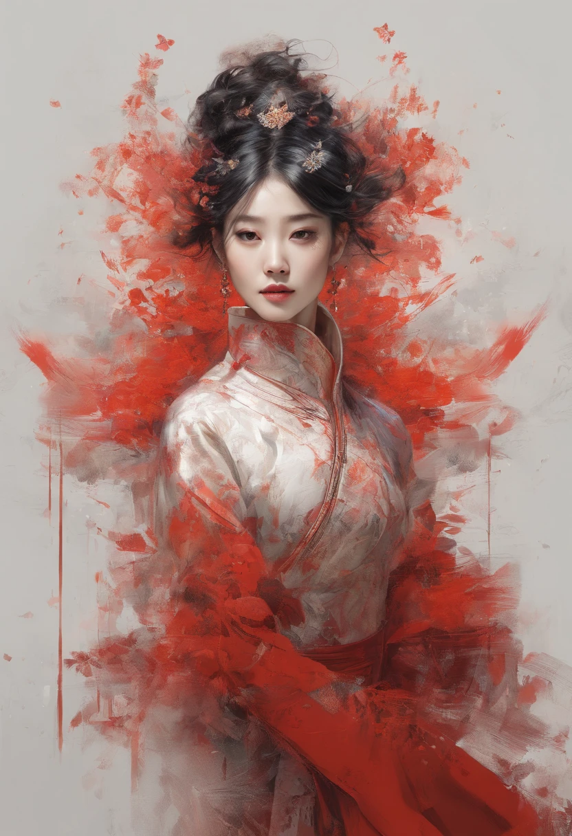 Perfect concentration of Chinese women, red costume joy, standing posture,half body abstract beauty, center, looking at camera, face camera, nearly perfect, Dynamic, high detail, Smooth, clear focus, 10, high resolution, illustration, Artwork by Carne Griffiths and Wadim Kashin,