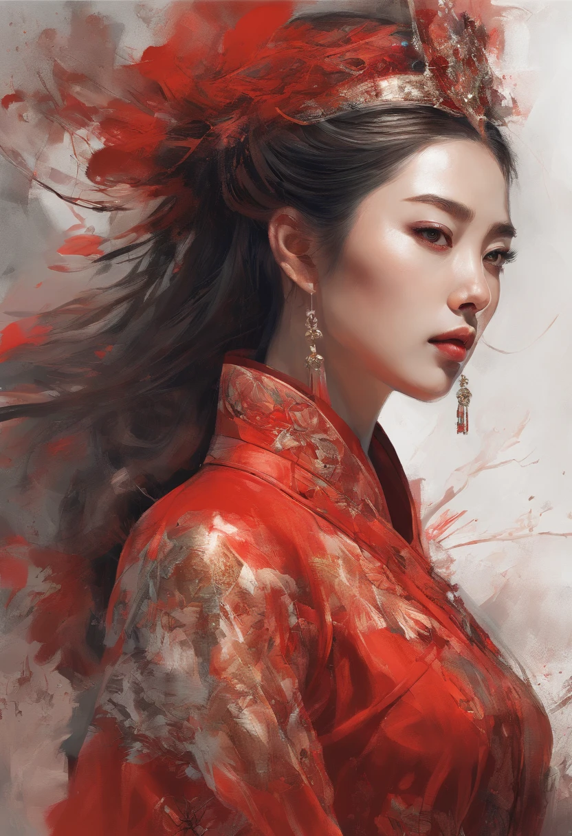 Perfect concentration of Chinese women, red costume joy, standing posture,half body abstract beauty, center, looking at camera, face camera, nearly perfect, Dynamic, high detail, Smooth, clear focus, 10, high resolution, illustration, Artwork by Carne Griffiths and Wadim Kashin,