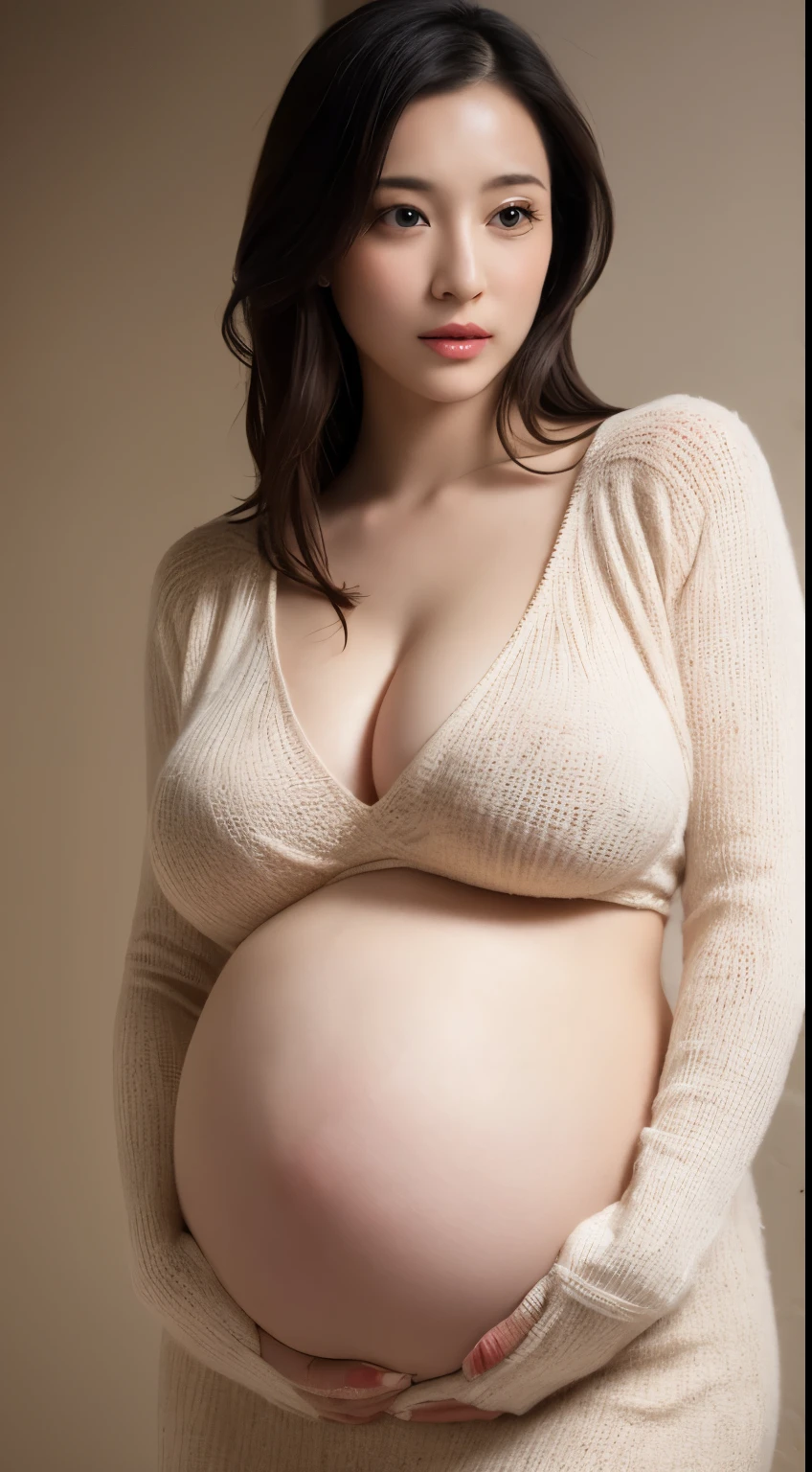 masutepiece, Best Quality, Illustration, Ultra-detailed, finely detail, hight resolution, 8K Wallpaper, Perfect dynamic composition, Beautiful detailed eyes,  Natural Lip, Sexy knitted dresses , Big breasts, colossal tits, cleavage, huge pregnant, pregnant with twins, Random sexy poses, Full body