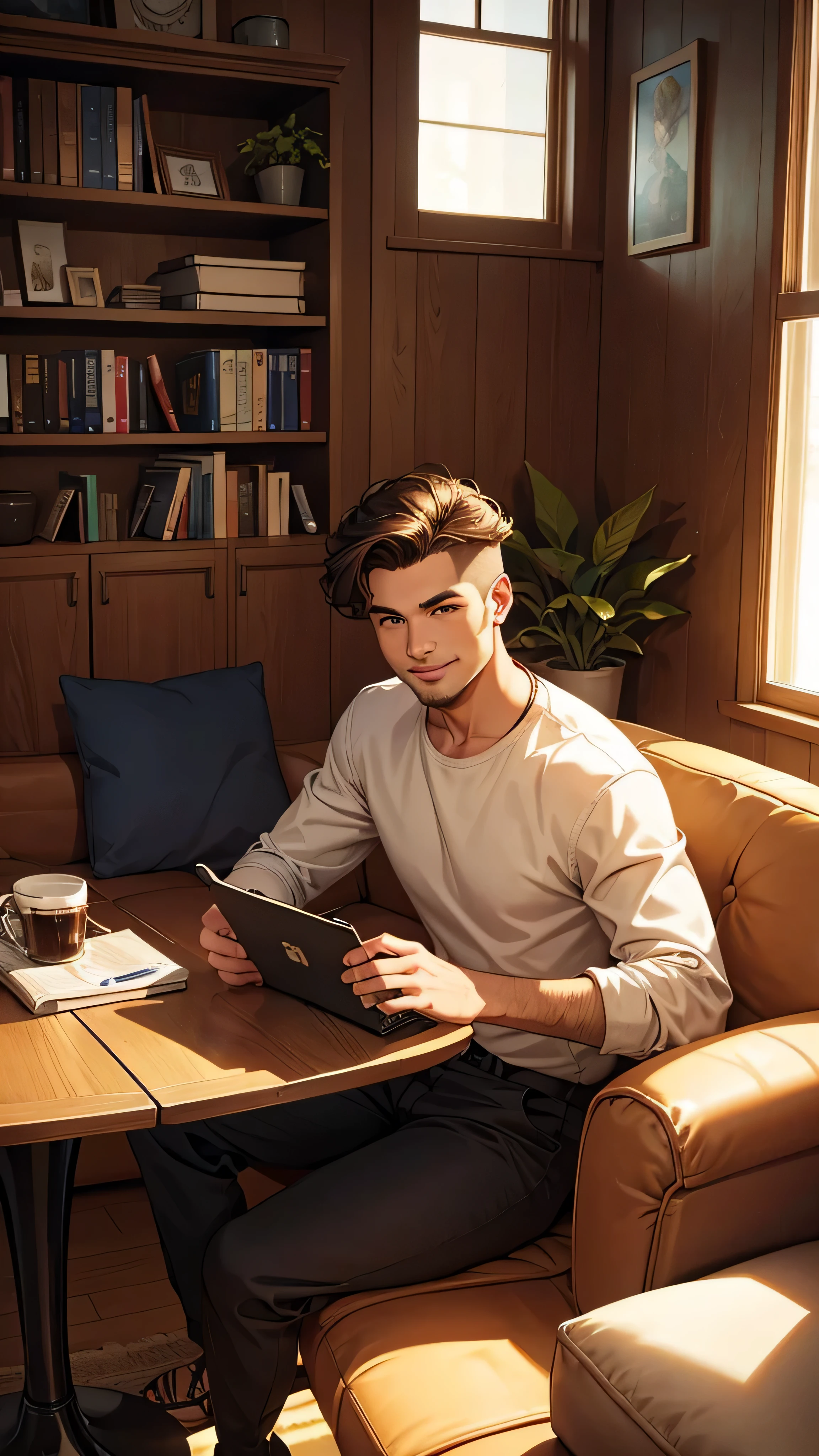(best quality,highres,realistic:1.37),portrait,man,smiling,home,comfortable,cozy,relaxed,modern decor,large windows,plush sofa,soft lighting,bookcase,artwork on walls,warm color tones,indoor plants,coffee table,laptop,relaxing music,stylish clothing,neat hairstyle