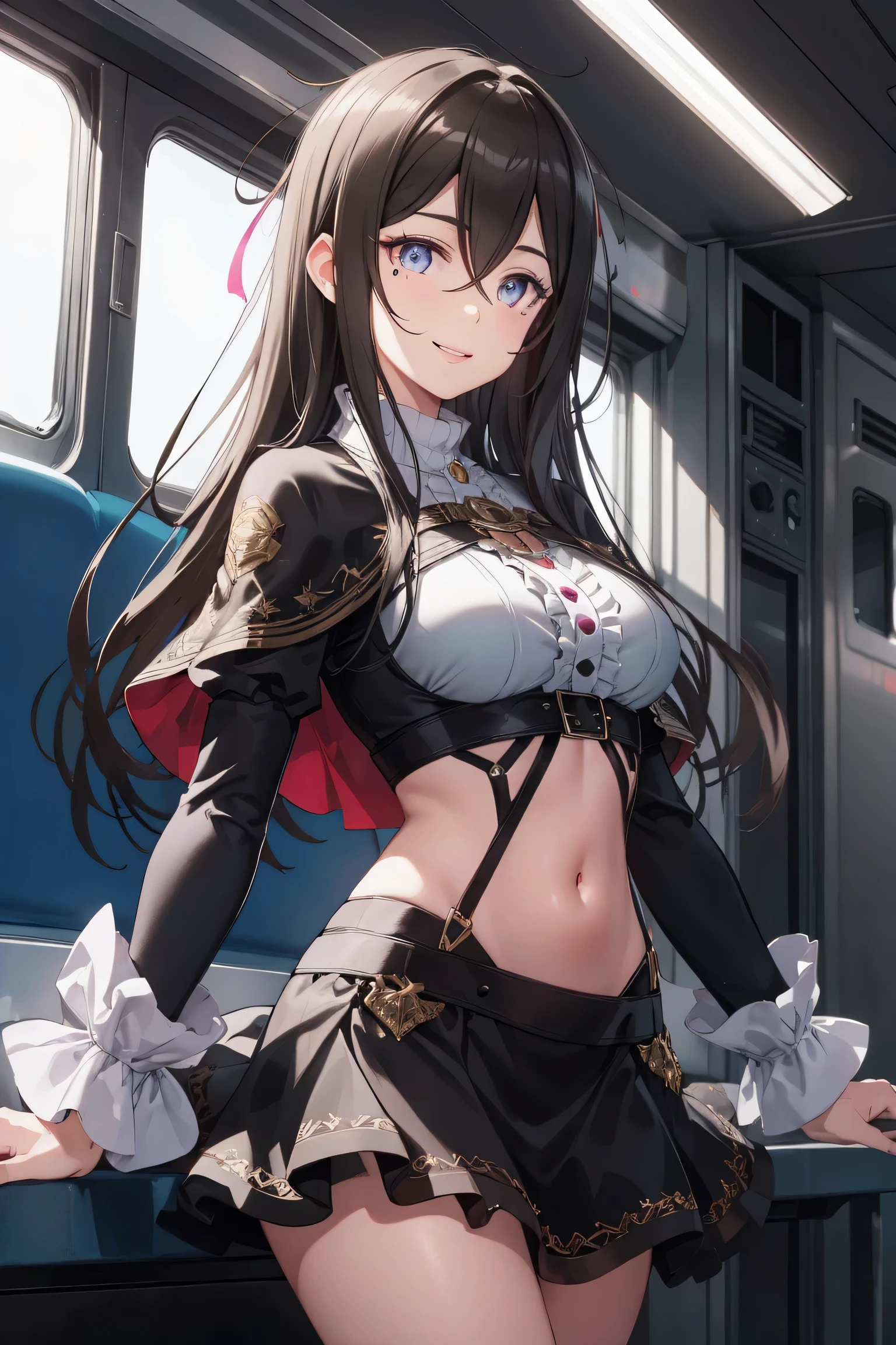 solo, 1girl, suginami ikaruga, mole,
BREAK  (pink turtleneck black capelet white shirt jewelry white sleeves long sleeves navel cutout black skirt pink frills:1,2)
BREAK mature female, cowboyshot, standing, naughty face, smile,
BREAK train,
BREAK (masterpiece:1.2), best quality, high resolution, unity 8k wallpaper, (illustration:0.8), (beautiful detailed eyes:1.6), extremely detailed face, perfect lighting, extremely detailed CG, (perfect hands, perfect anatomy),