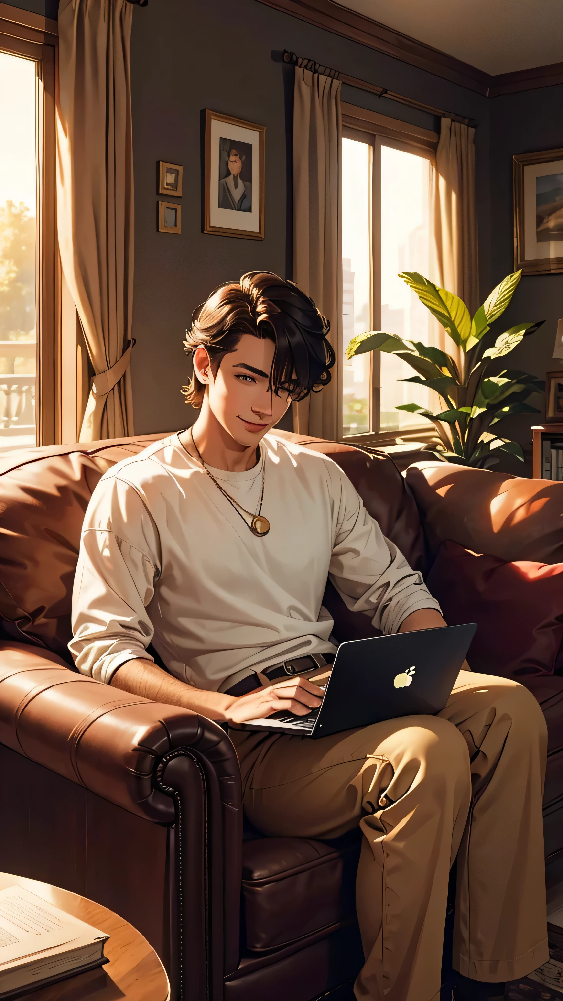 (best quality,highres,realistic:1.37),portrait,man,smiling,home,comfortable,cozy,relaxed,modern decor,large windows,plush sofa,soft lighting,bookcase,artwork on walls,warm color tones,indoor plants,coffee table,laptop,relaxing music,stylish clothing,neat hairstyle
