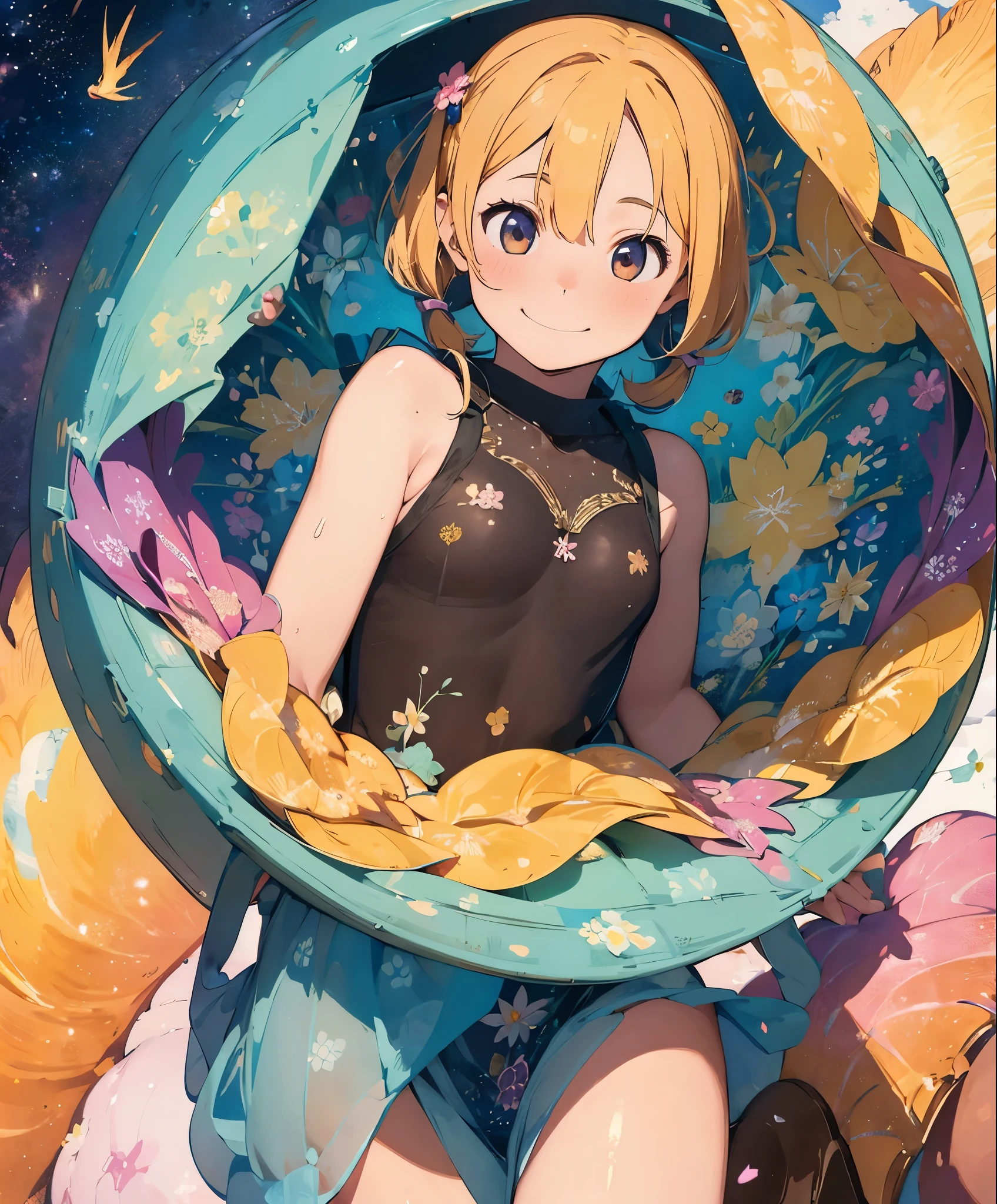 (masterpiece、highest quality、highest quality、official art、beautiful beautiful:1.2)、(1 girl:1.3)Hatsune Miku、beautiful breasts、twin tails、adorable smile、very detailed、(fractal art:1.1)、(colorfulな:1.1), sparkling eyes, golden ratio face, liquid from another world, watercolor, pastel colour, bright colors, Whimsical, colorful, sharp focus, High resolution, small details, ((round eyes)),fantasy background、See-Through Phoenix Leotard