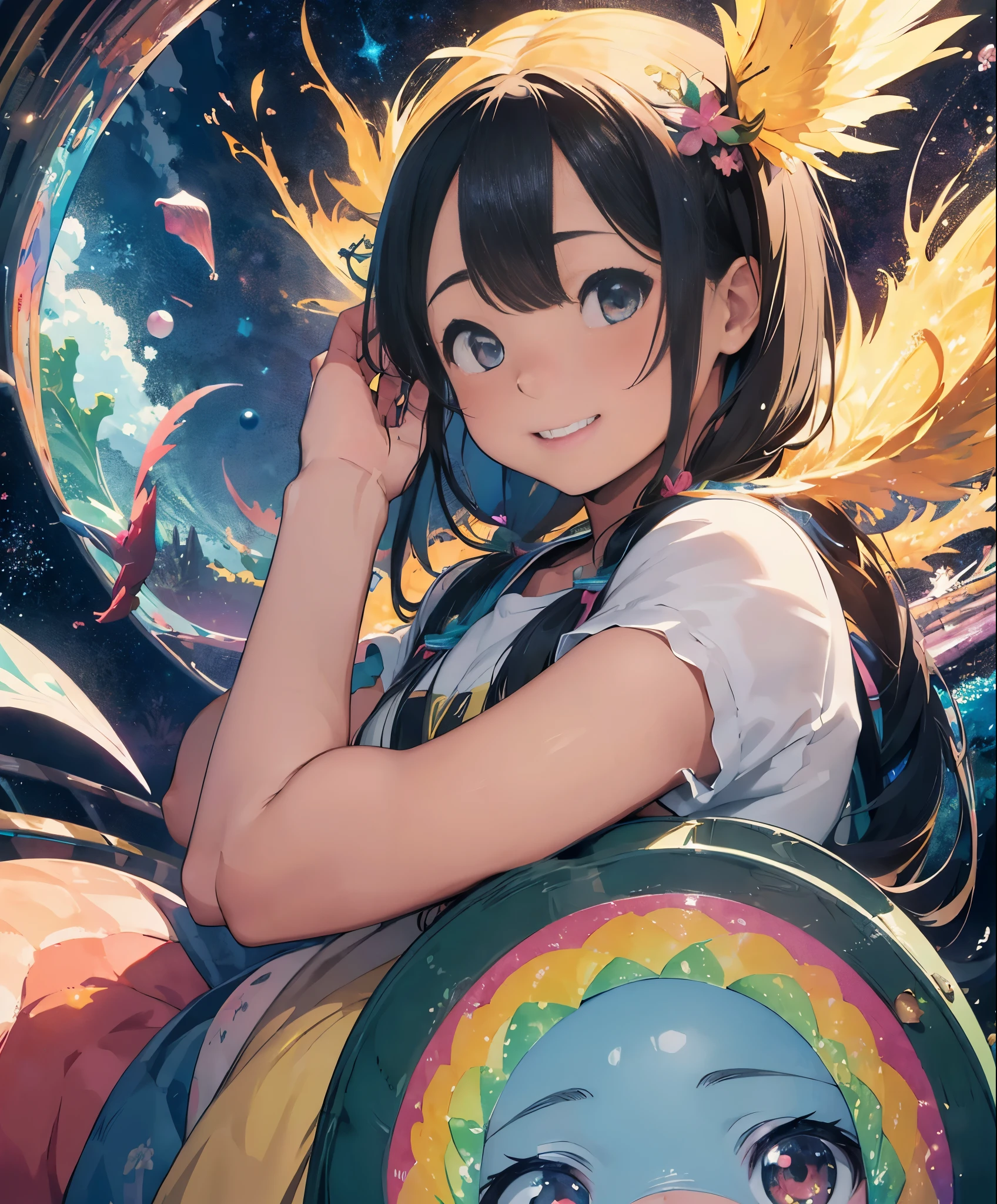 (masterpiece、highest quality、highest quality、official art、beautiful beautiful:1.2)、(1 girl:1.3)Hatsune Miku、beautiful breasts、twin tails、adorable smile、very detailed、(fractal art:1.1)、(colorfulな:1.1), sparkling eyes, golden ratio face, liquid from another world, watercolor, pastel colour, bright colors, Whimsical, colorful, sharp focus, High resolution, small details, ((round eyes)),fantasy background、See-Through Phoenix Leotard