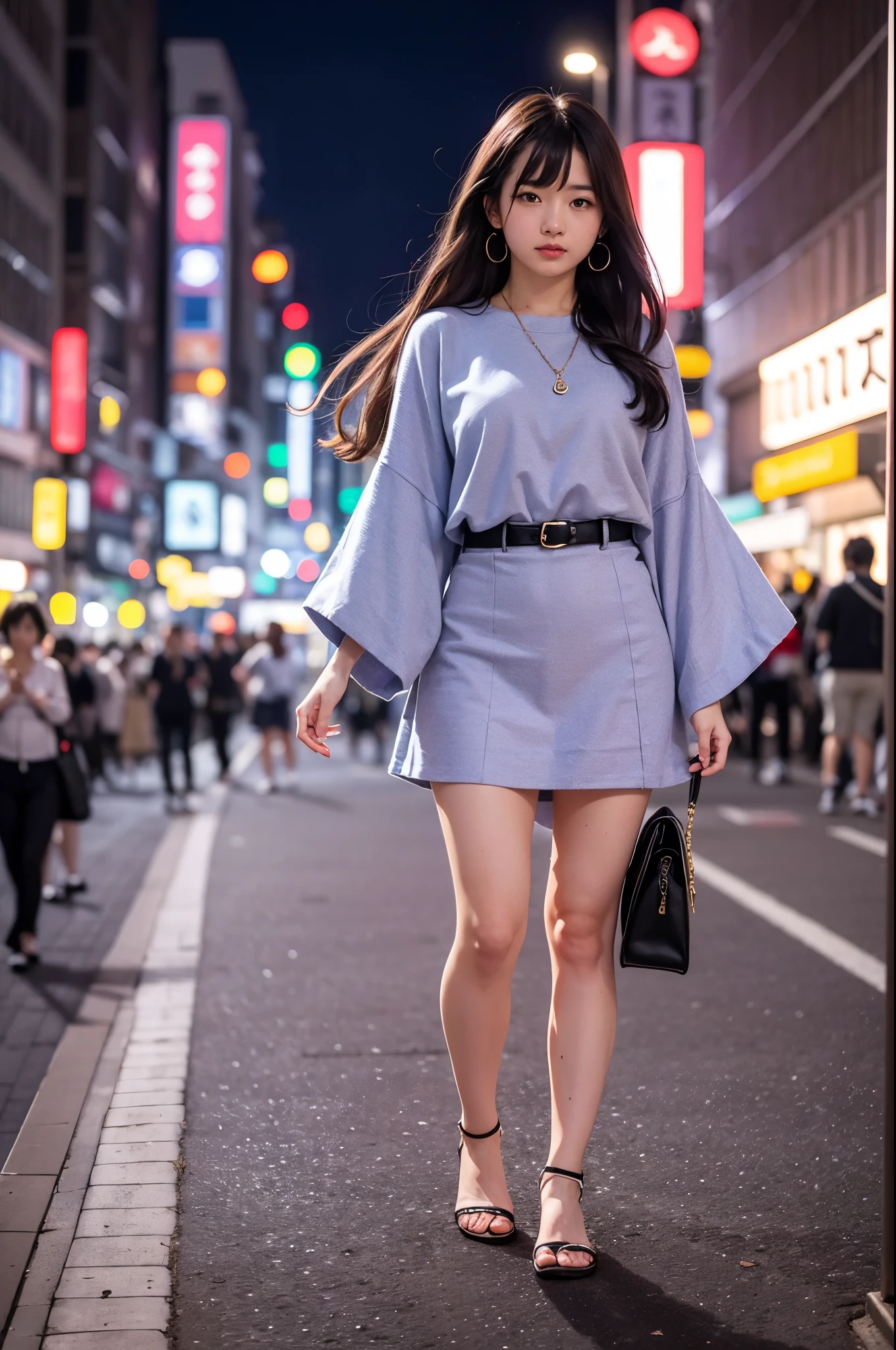 ulzzang-6500-v1.1, (RAW photo:1.2), (Photoreal), beautiful detailed girl, (genuine: 1.4), A woman wearing a miniskirt posing in the middle of the road,  on rooftop tokyo night, sexy style, super realistic pantyhose:1.2, in tokyo at night, on the streets of tokyo, on the city street, on the city street at night, Yoshitomo Nara, on the streets of tokyo, at night, Neon night spot available, high heels、turn around、huge file size, High resolution, very detailed, highest quality, [masterpiece:1.6], enlightenment, very detailed, finely, highest quality, 8k wallpaper, movie lighting, 1 girl, 26 years old, perfect body shape, highest quality, 1 girl,  ((full body shot:1.2))、