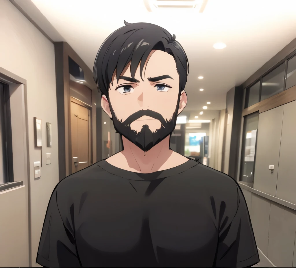 Man with black hair. Beard, and black shirt