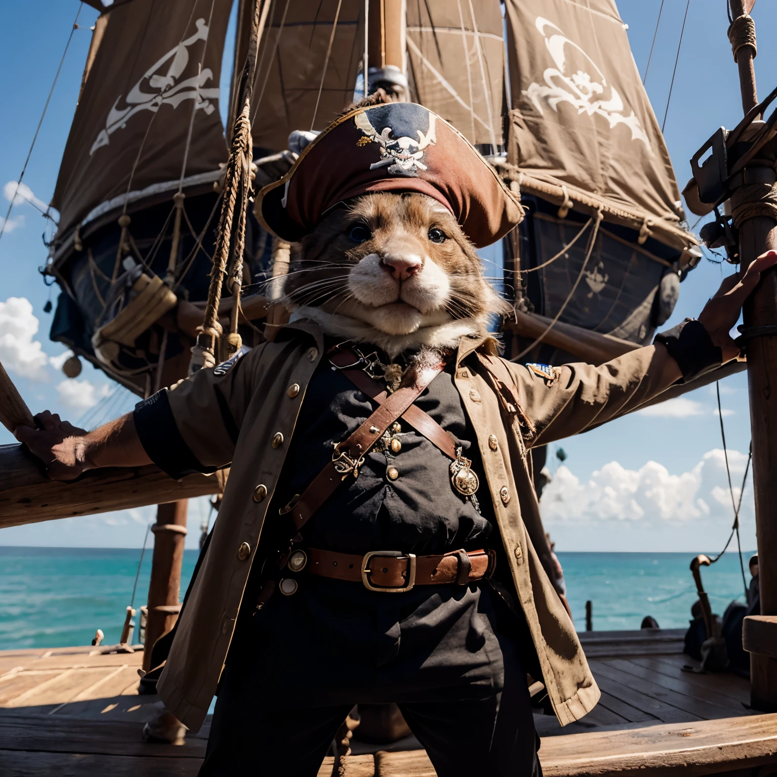 Big Mouse Pirate, mouse captain, on a pirate ship, in pirate uniform, Stands on its hind legs, cocked hat on the head, saber on the belt,