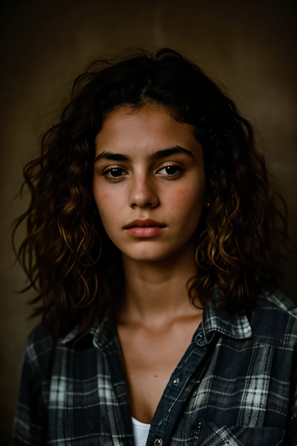 photograph of a woman, (troubled facial expression), textured skin, goosebumps, blonde afro hair, plaid flannel shirt with distressed boyfriend jeans, cowboy shot, dark and mysterious cave with unique rock formations and hidden wonders, perfect eyes, (candlelight,chiaroscuro), Porta 160 color, shot on ARRI ALEXA 65, bokeh, sharp focus on subject, shot by Don McCullin