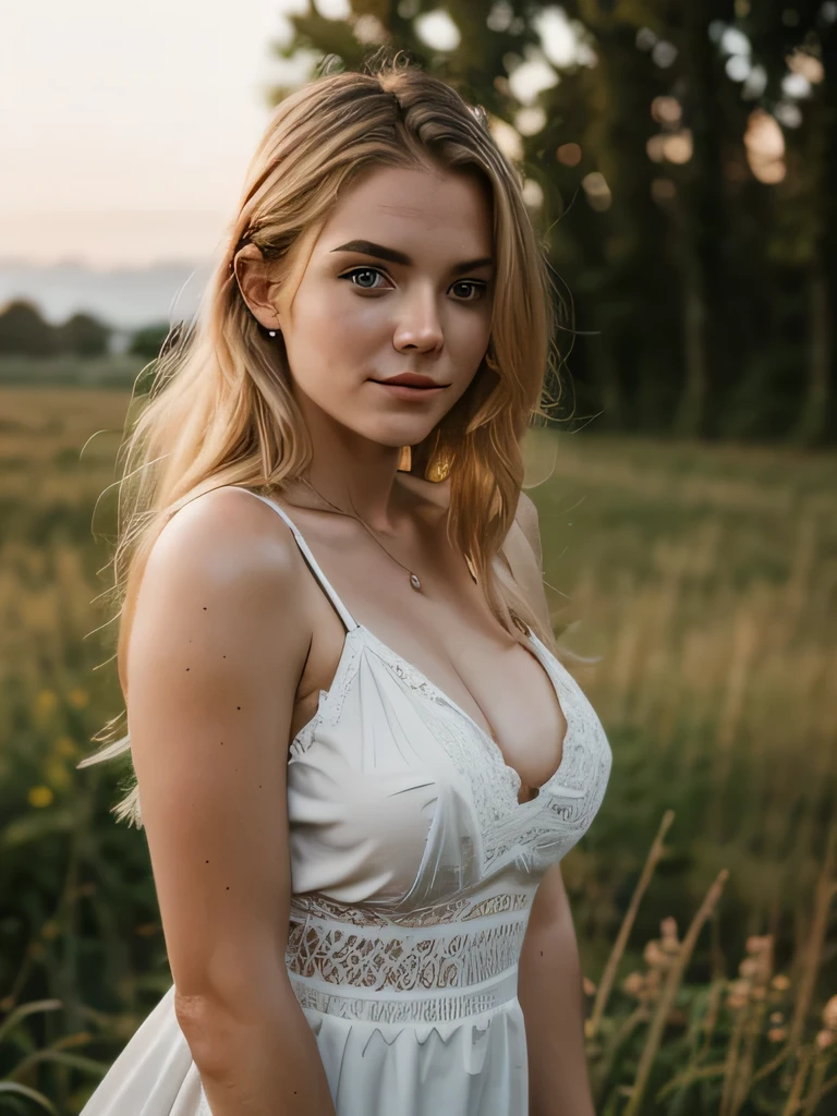 best quality, Instagram-Influencer, blondine weiblich 20yo, big breast, wearing a dress, depth of field, Sonnenuntergang, in die Kamera schauen