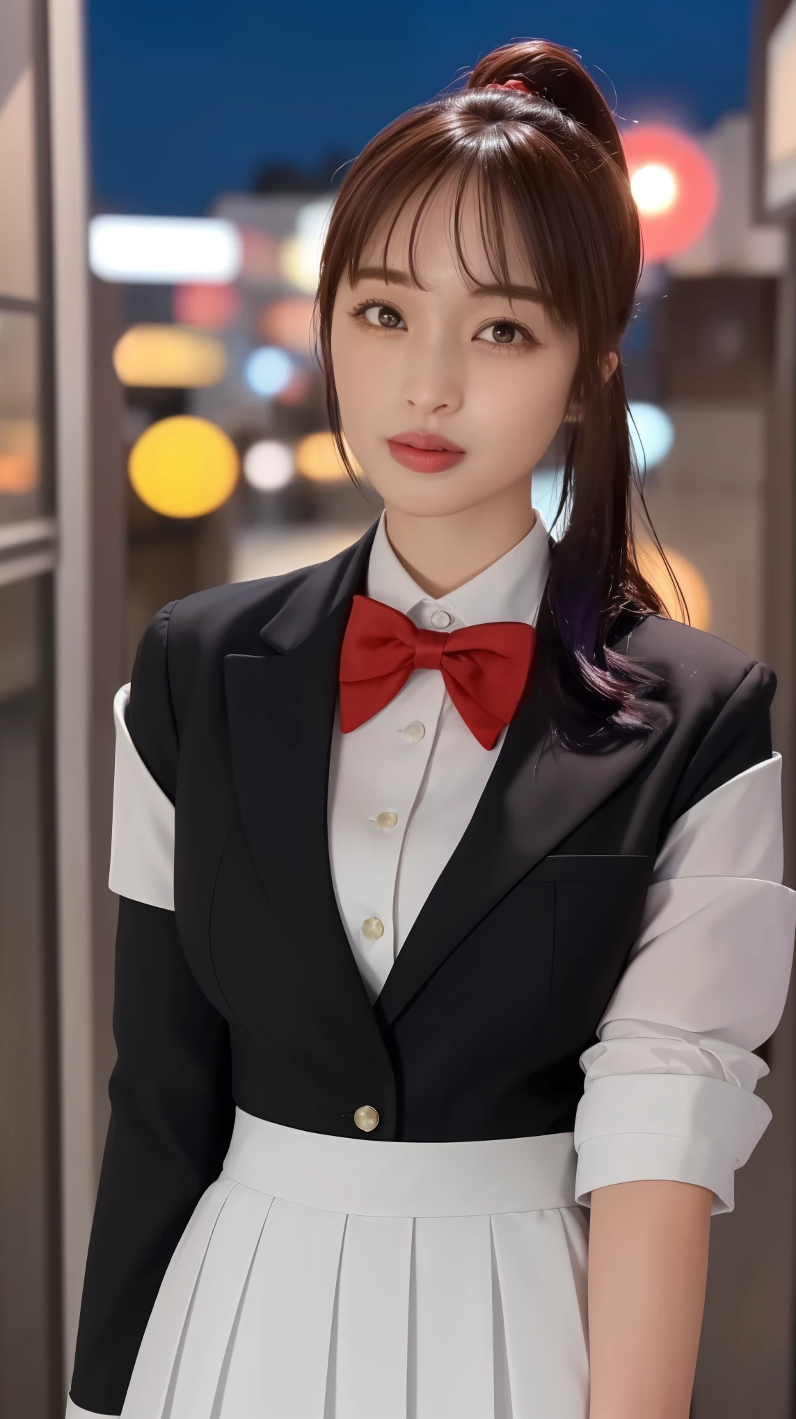 (Night:1.7), Japan, Tokyo, CityView, Before Window,
Standing at attention,
Black_jacket,white shirt, Black_Skirt,sailor outfit,red bowtie,puffy sleeves,long sleeves, 
jewelry,
purple eyes, purple hair,Bangs, ponytail,long hair, 
1 girl, 24yo,mature female,Beautiful Finger,Beautiful long legs,Beautiful body,Beautiful Nose,Beautiful character design, perfect eyes, perfect face,
looking at viewer,girl in the center of the image,
NSFW,official art,extremely detailed CG unity 8k wallpaper, perfect lighting,Colorful, Bright_Front_face_Lighting,
(masterpiece:1.0),(best_quality:1.0), ultra high res,4K,ultra-detailed,
photography, 8K, HDR, highres, absurdres:1.2, Kodak portra 400, film grain, blurry background, bokeh:1.2, lens flare, (vibrant_color:1.2)
(Beautiful,Large_Breasts:1.2), (beautiful_face:1.5),(narrow_waist),