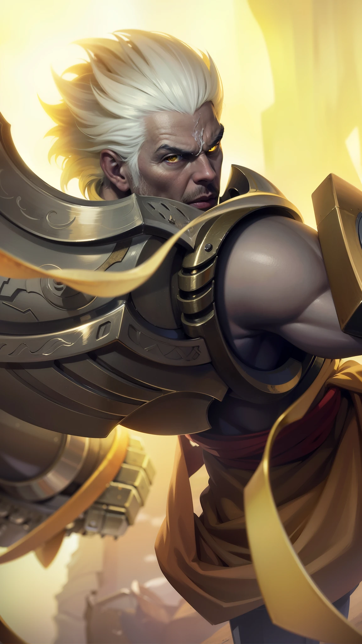 a close up of a man with a helmet on holding a sword, gatotkaca, young handsome, angry, masterpeace, 8K quality, High resolution, super detail, realistic, Raw photo, yellow eyes, white hair.