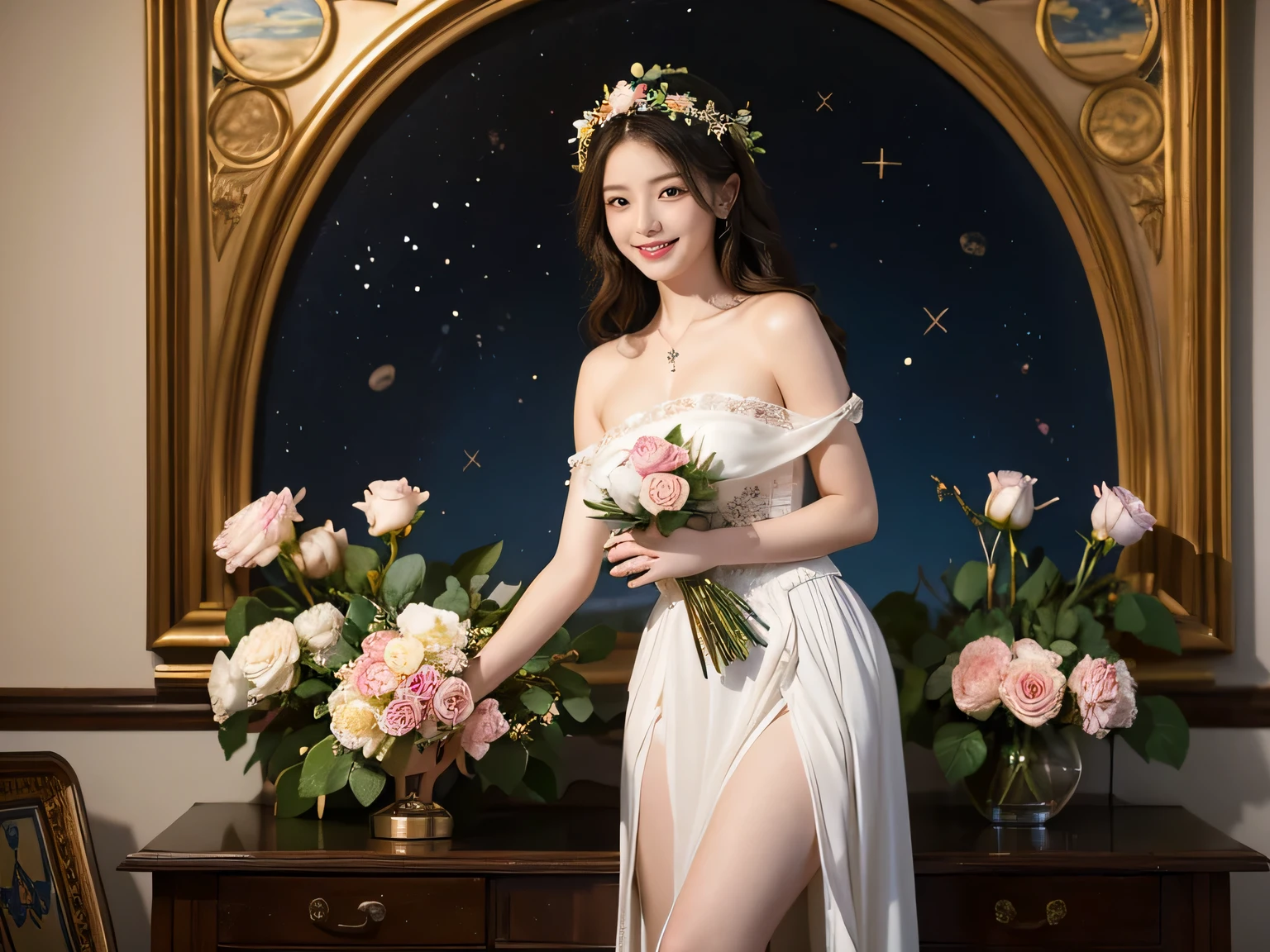 full body portrait or statue、Stained glass、Vigée Leblanc style、math、astronomical machine、astronaut、roses in vase、fruit、Cute trinkets、smile、ancient greek costume、Sandro Botticelli paintings、Costume that stretches your shoulders、A big smile、expression of ecstasy、sexy、beautiful bare skin、Detailed representation of the seducing woman throughout the body