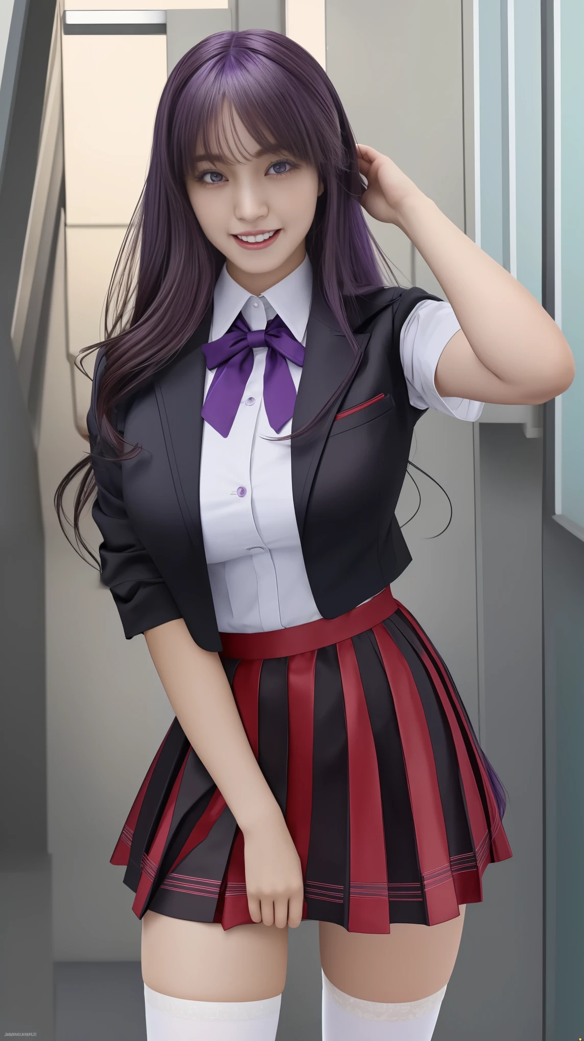 ((Best quality)), ((masterpiece)), ((perfect composition)):1.5, ((perfect anatomy)):1.5, illustration, high-res, prefect lighting, dynamic angle, (((clean and clean))), absurdres, (((clean and clean))), uncreditable absurdres, 1girl, sole, standing, chizuruchankaihatsunikki, matured, sexy, spread pussy, orgasm, full body, purple hair, long hair, hairclip, purple eyes, school uniform, green pleated skirt, red choker, no panties, see-through:1.1, ((zettai ryouiki)), pussy, huge breasts, playing, femdom, open mouth, happy, smile, enchanting expressionless, happiness, confident, enjoying, (detailed face description), (detailed eyes description), lying, seductive, advanced cg, amazing quality, octane rendering.