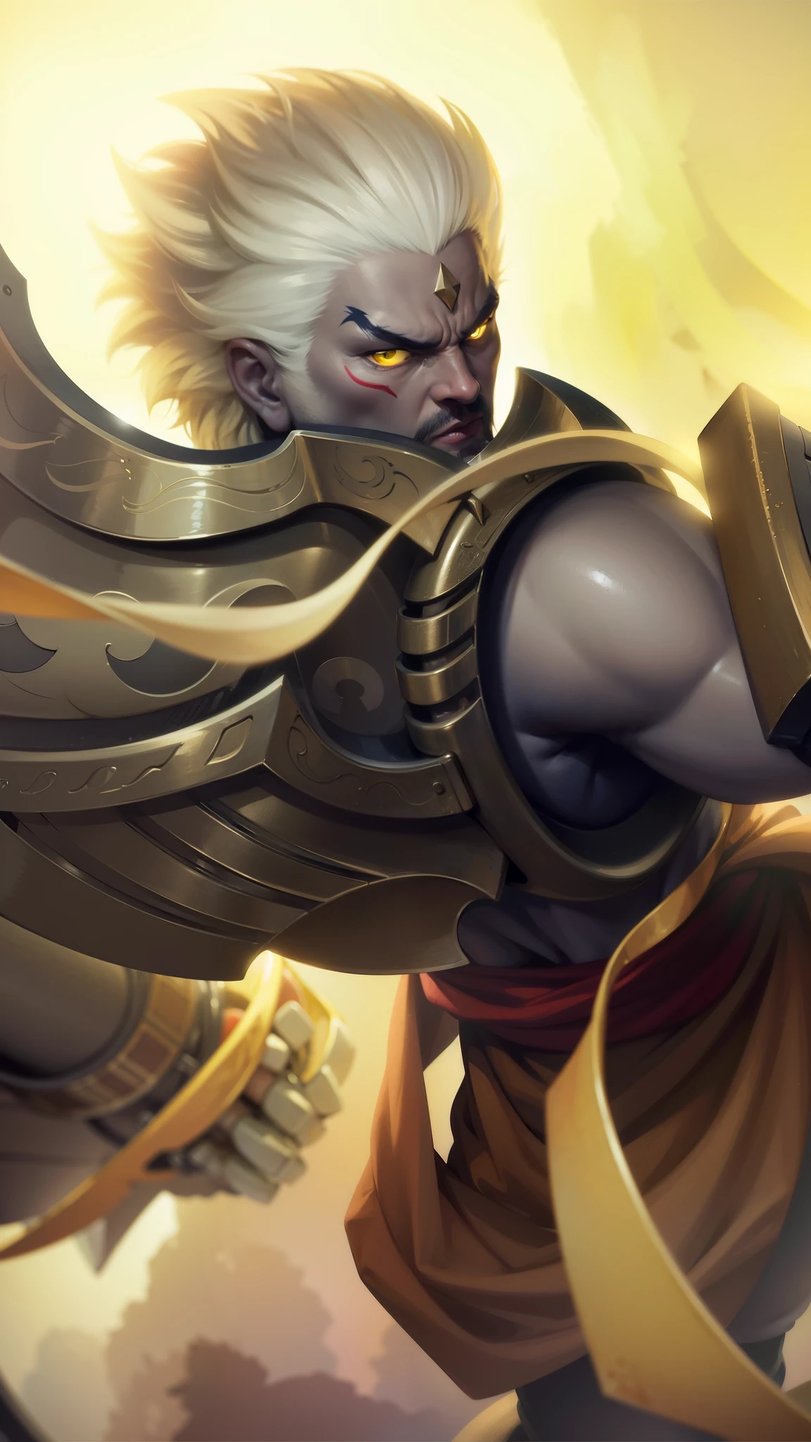 a close up of a man with a helmet on holding a sword, gatotkaca, young handsome, angry, masterpeace, 8K quality, High resolution, super detail, realistic, Raw photo, yellow eyes, white hair.