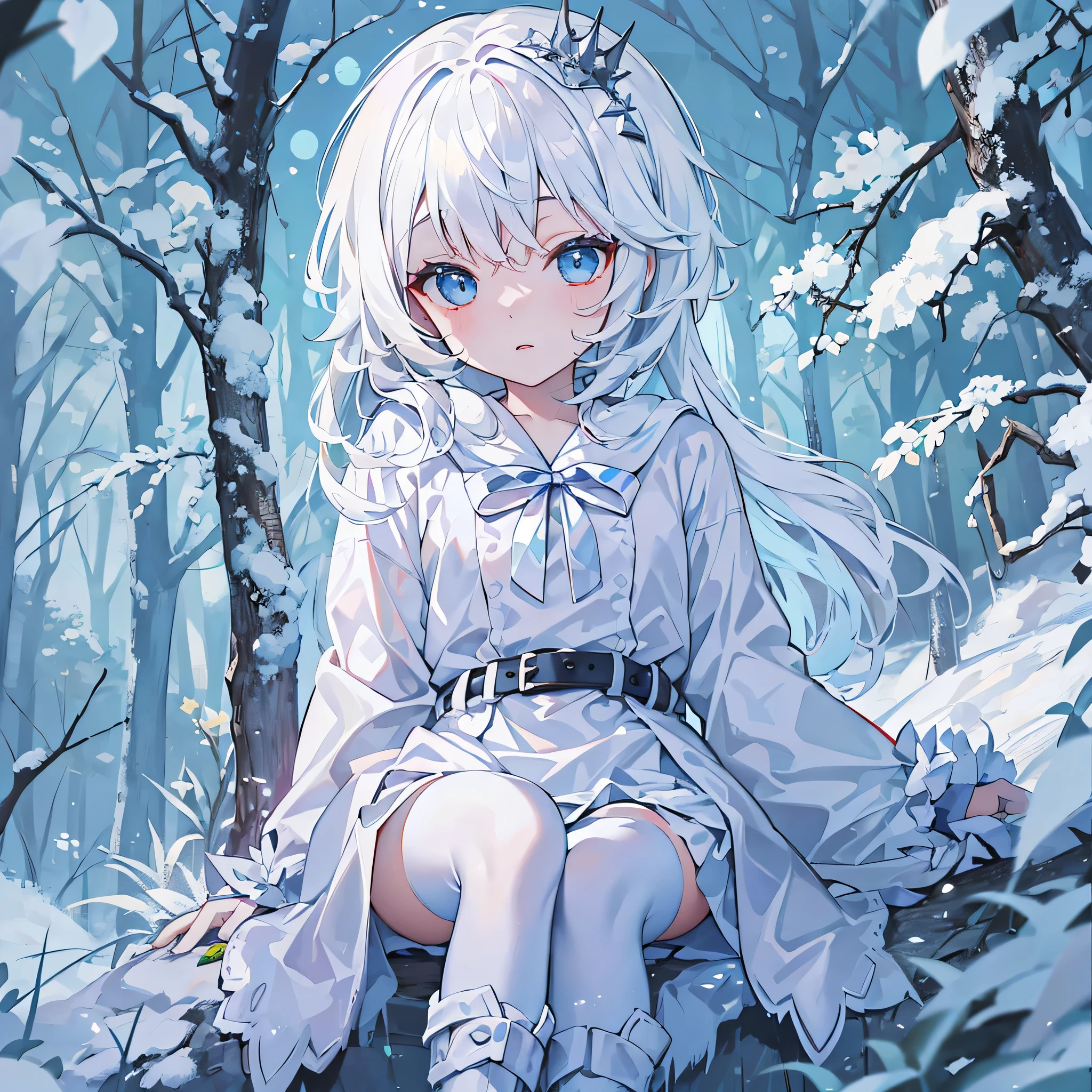 light blue eyes，princess cut，white hair，White over-the-knee boots，White Gothololita，White knee-length stockings，Leucorrhea，sweeping bangs，half-close eyes，Changbai scan forest，night，winter time，little girl，waiting to start，Look up at camera