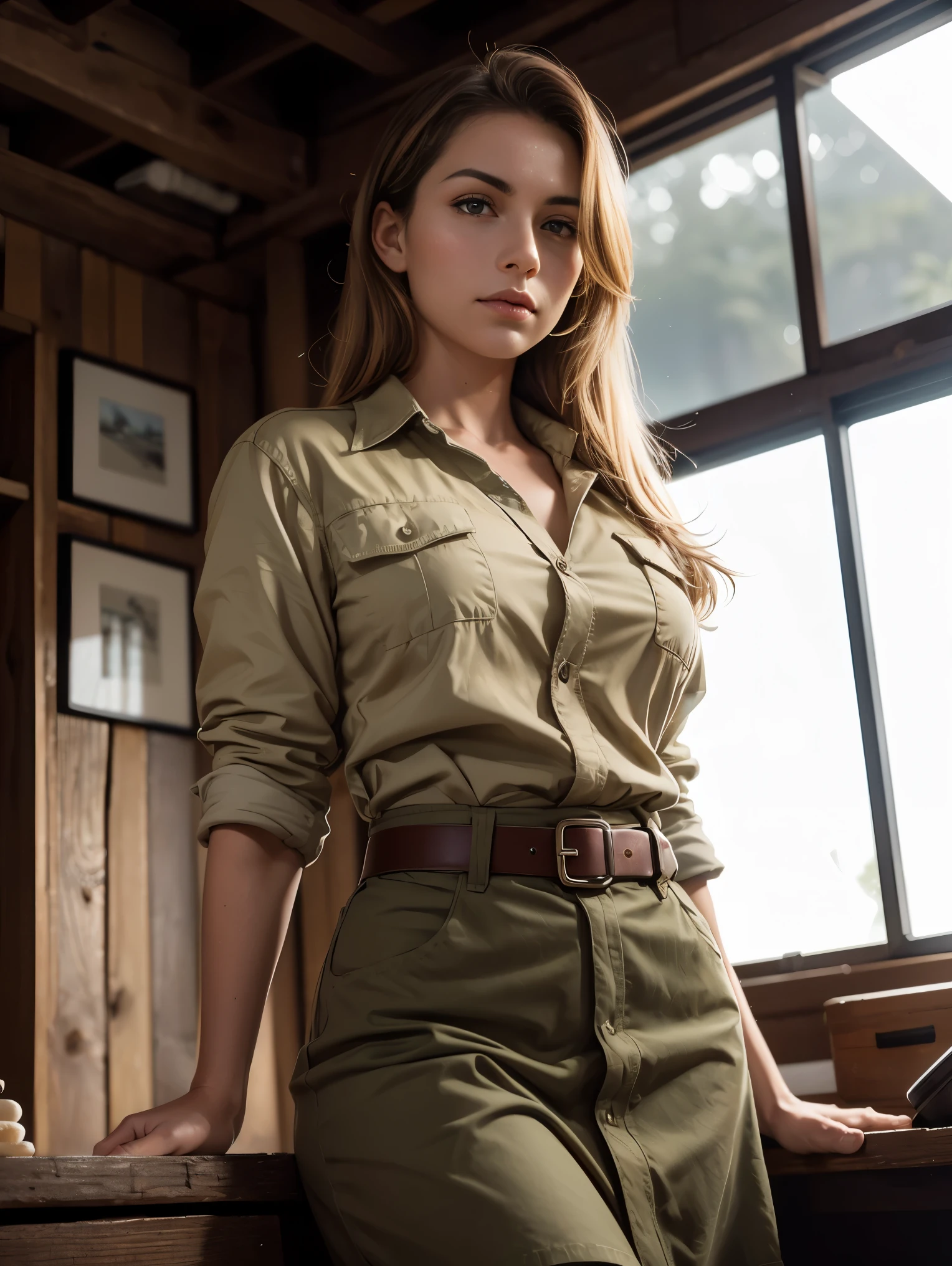 Wide angle. Masterpiece, Uhd, An adventuress from the '40s.cotton sand-colored shirt, Khaki cotton army long skirt, leather belt, army boots. She’s on an operation in a frozen jungle, ((at night)). Perfect anatomy, perfect hair, perfect breast, perfect body, perfect hands, perfect face, perfect eyes, accurate, anatomically correct, perfect clear and crisp focus, UHD, masterpiece,