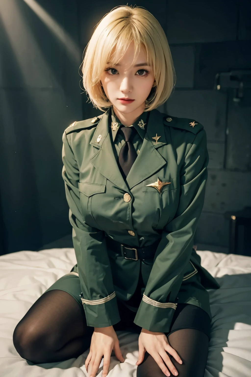 green military uniform, (gigantic breast:1.2), neck tie, tights, evil face, spot light, interrogation, darkness, 4k, masterpiece, high quality,