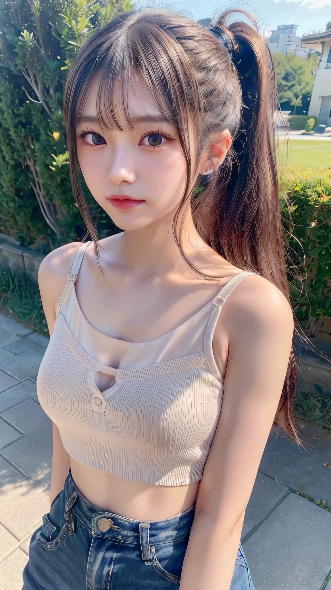 blush,,long hair ponytail,1 woman,((8K, Raw photo, best quality, muste piece:1.2), (Reality, photorealistic:1.4), (Highly detailed 8K wallpaper), Depth of bounds written, cinematic lighting, soft light, detailed beauty eye,Shiny and smooth light brown ponytail, asymmetrical bangs, shiny skin, super detailed skin ,high resolution, high detail, detailed hairstyle, detailed beauty face, hyper real, perfect limbs, perfect anatomy ,1 Japanese girl,famous japanese idol, perfect female body,shy smile,short eyelashes,double-edged eyelids,Hair style is ponytail,Do not join hands,under the blue sky、Lawn square、Wearing a black camisole、wearing jeans、Are standing